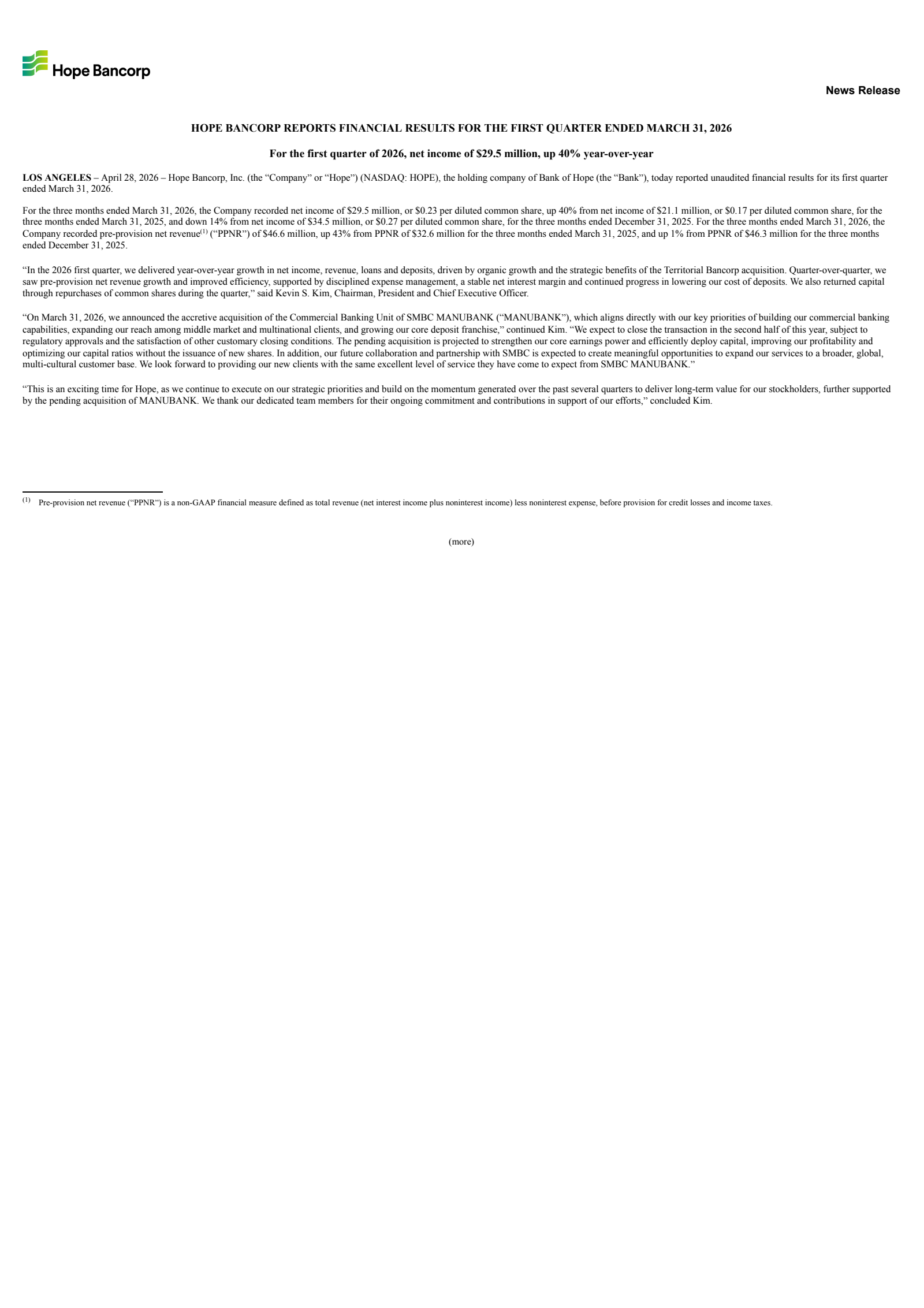 Hope Bancorp's Q1 2026 Press Release