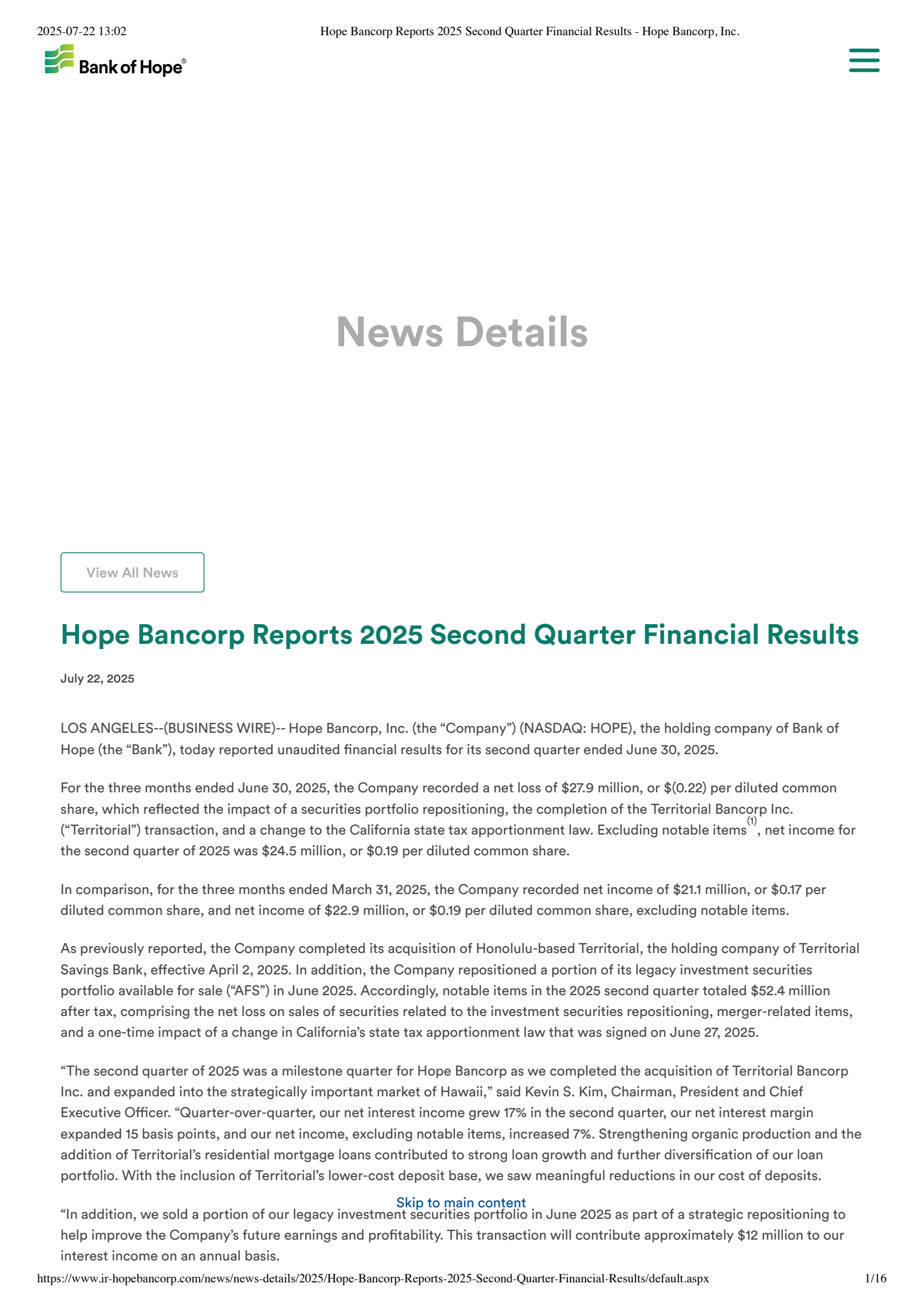 Hope Bancorp's Q2 2025 Press Release