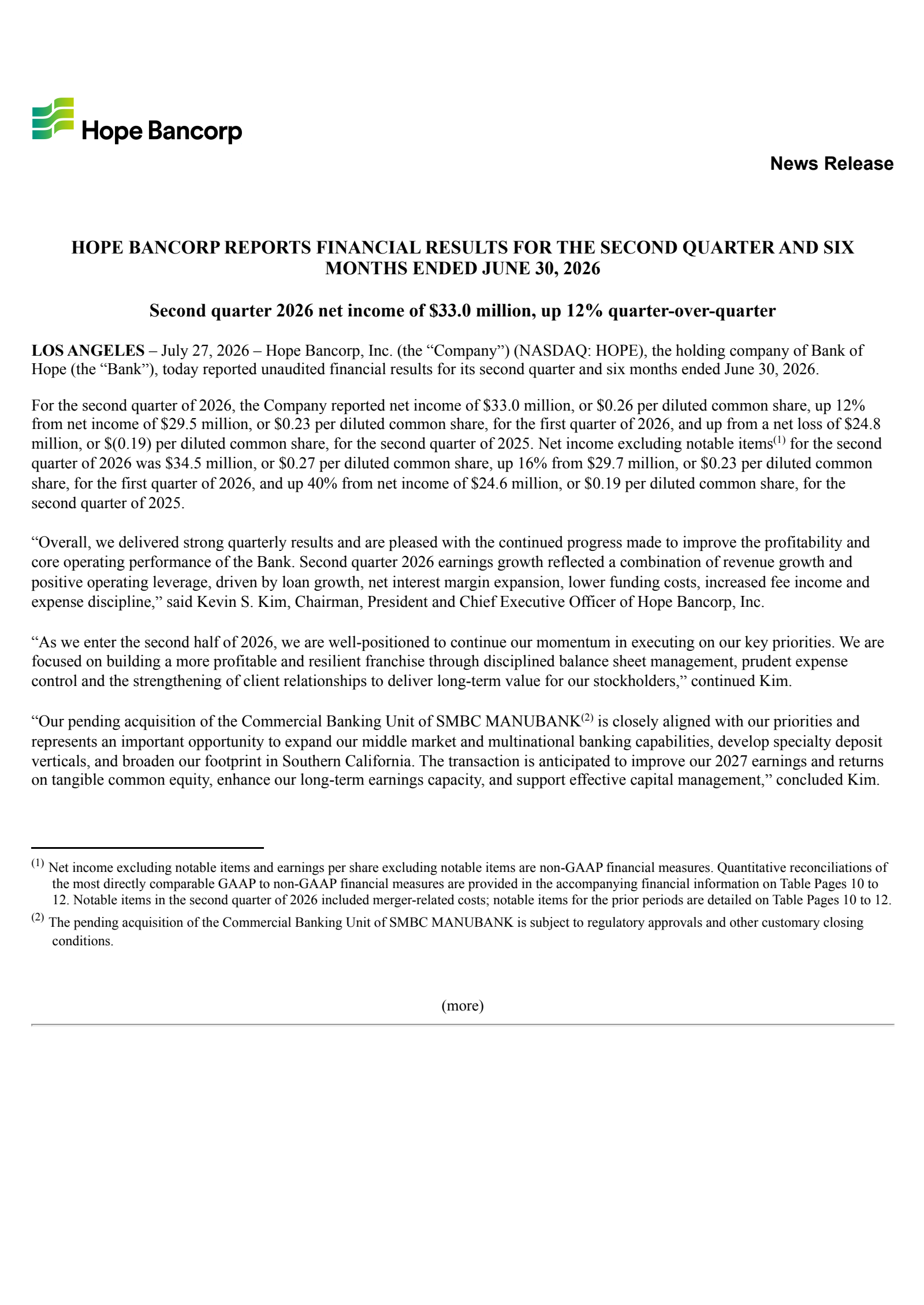 Hope Bancorp's Q2 2026 Press Release
