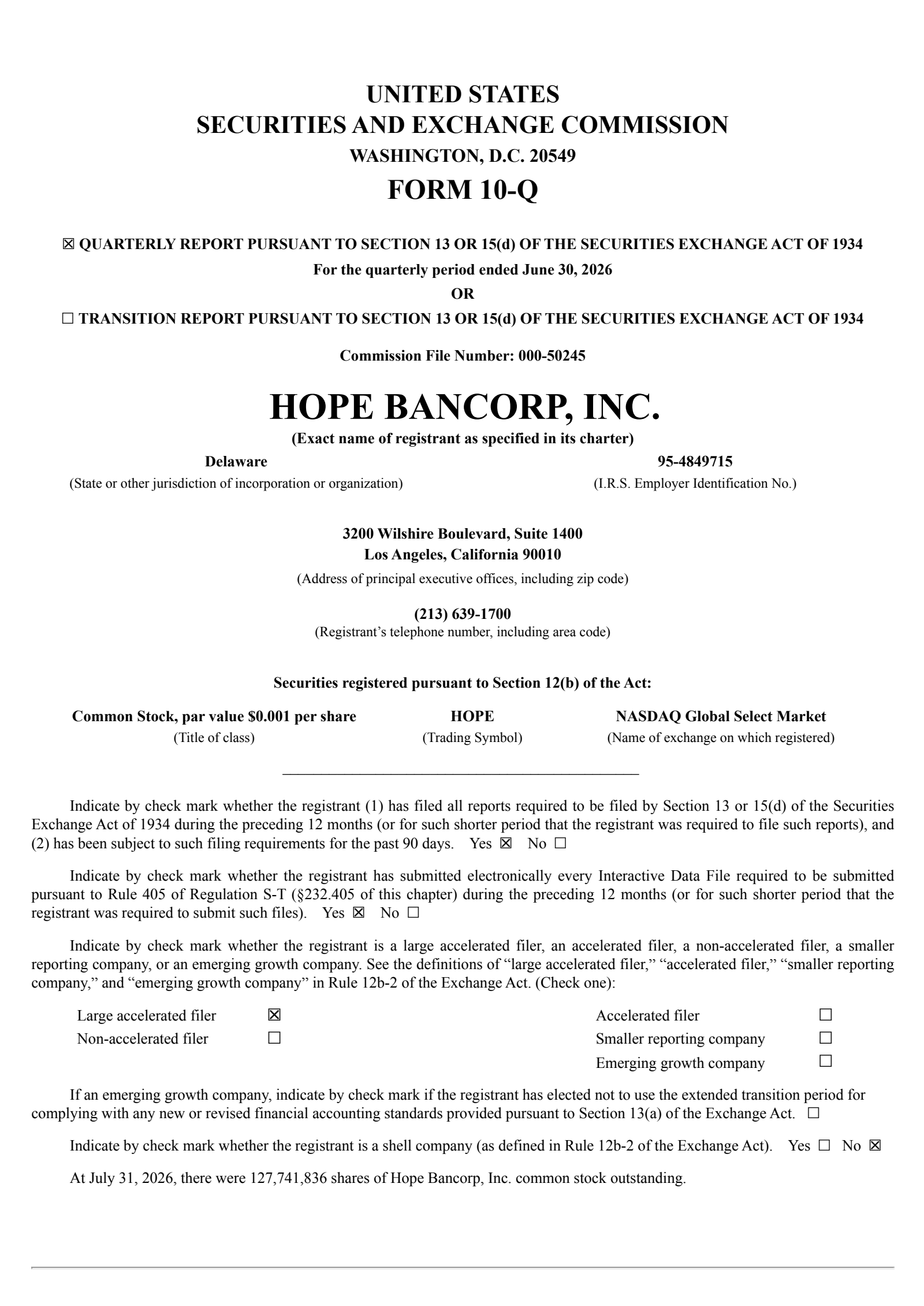 Hope Bancorp's Q2 2026 Quarterly report
