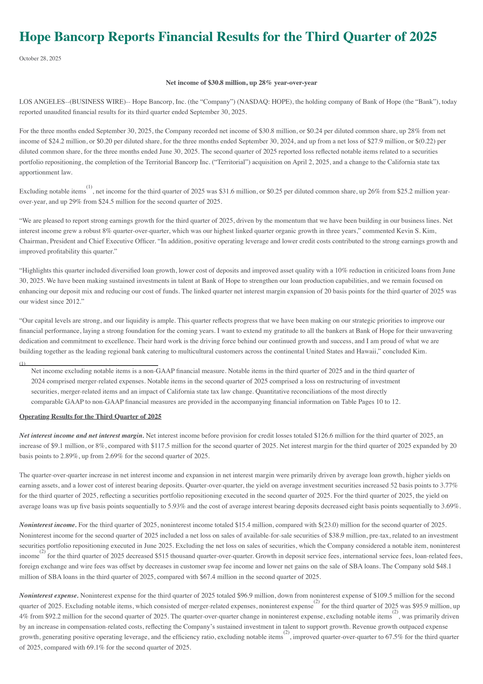 Hope Bancorp's Q3 2025 Earnings Release
