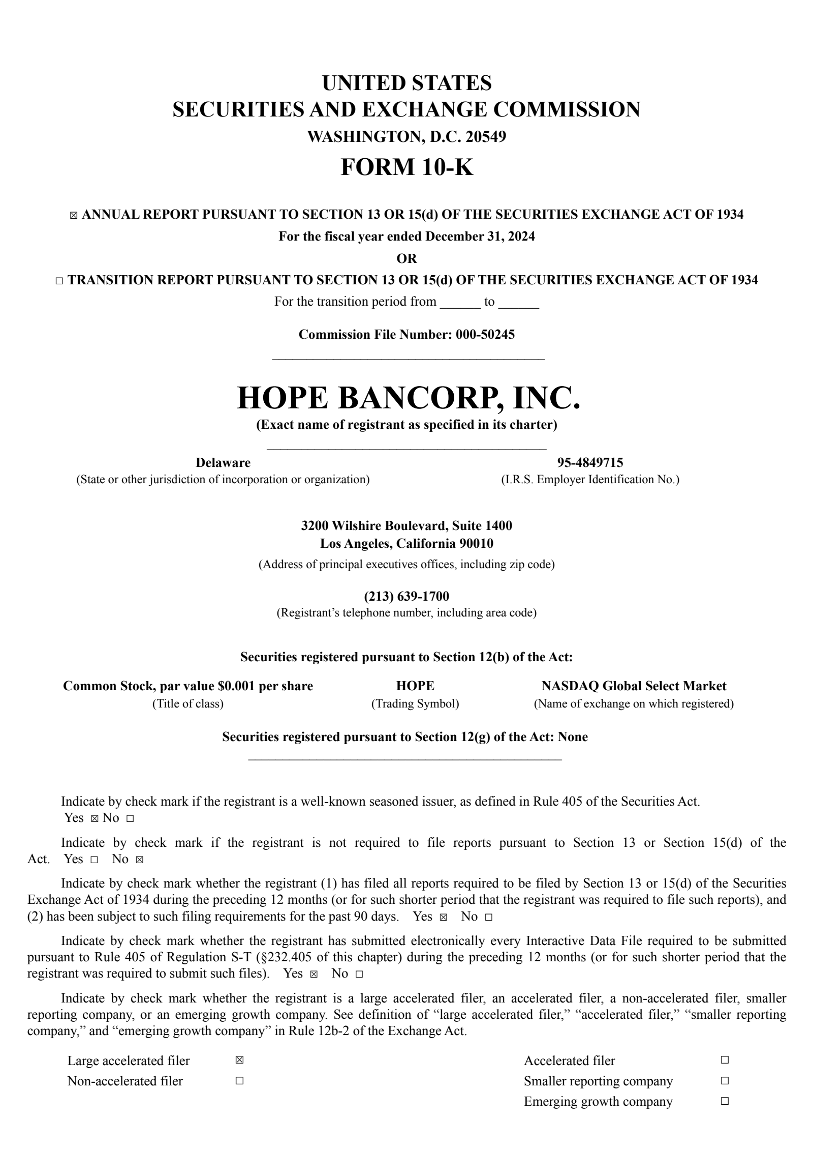 Hope Bancorp's Q4 2024 Annual report
