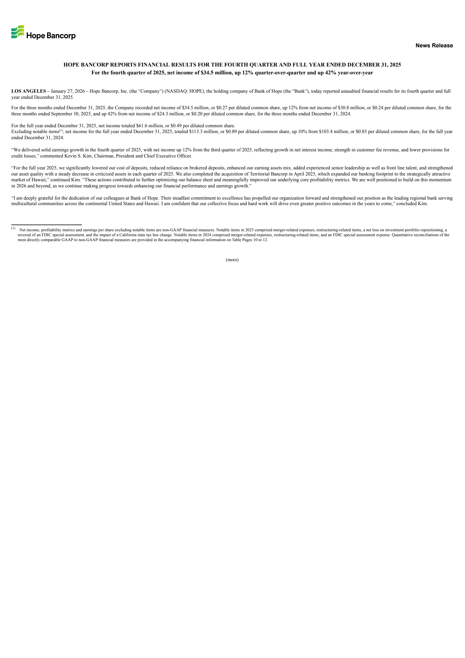 Hope Bancorp's Q4 2025 Press Release