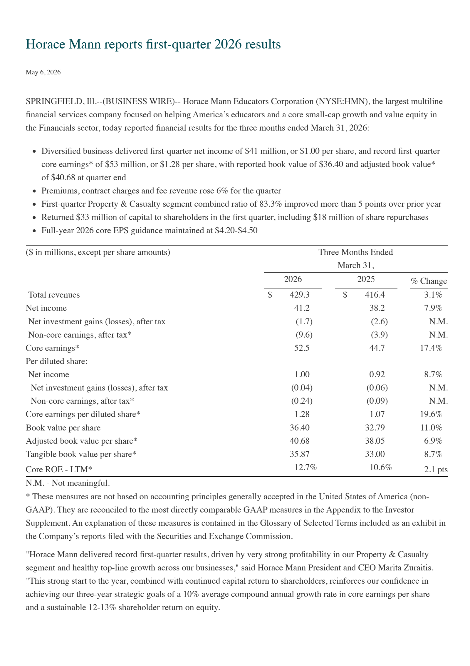 Horace Mann Educators' Q1 2026 Press Release