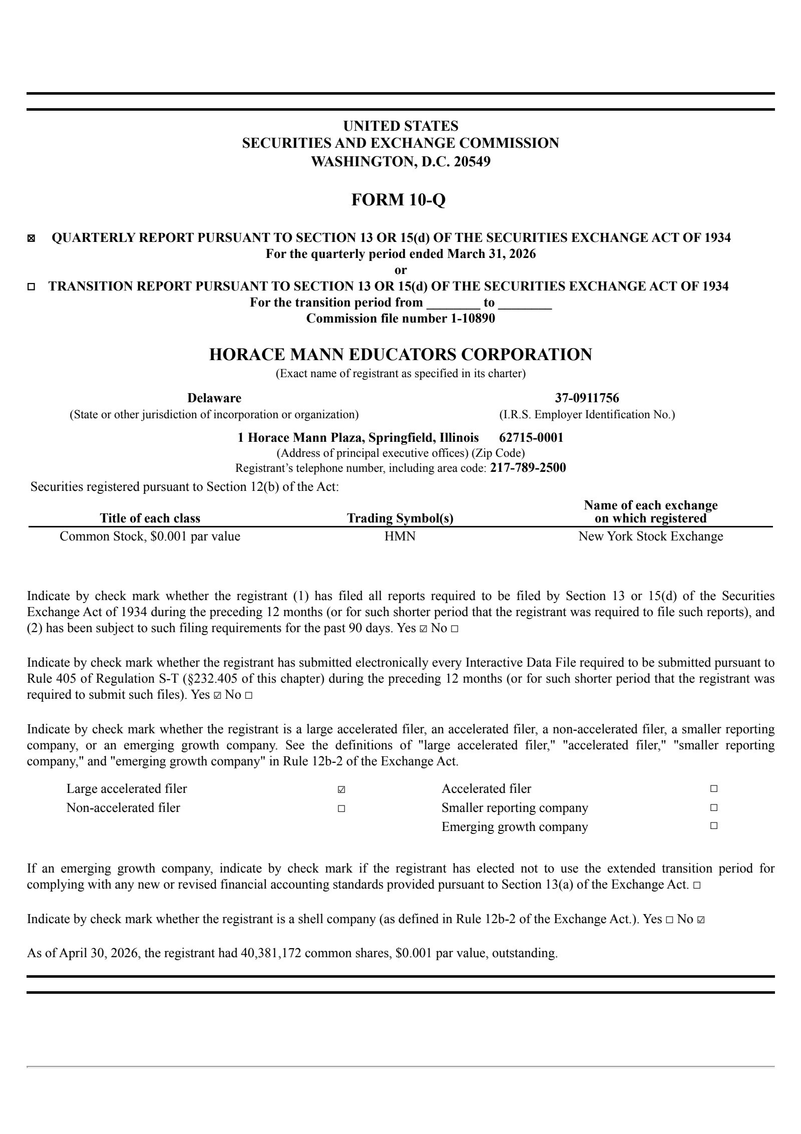 Horace Mann Educators' Q1 2026 Quarterly report