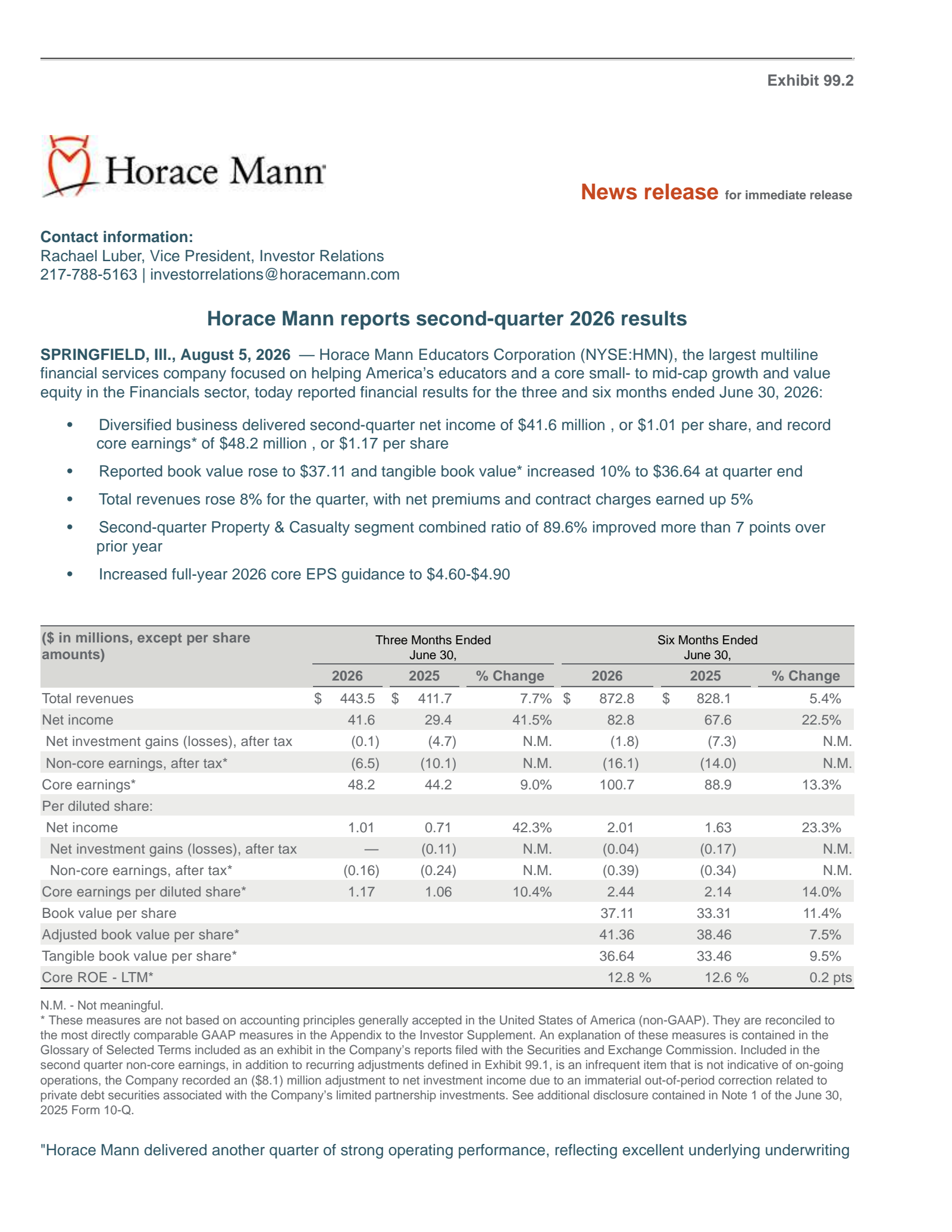 Horace Mann Educators' Q2 2026 Press Release