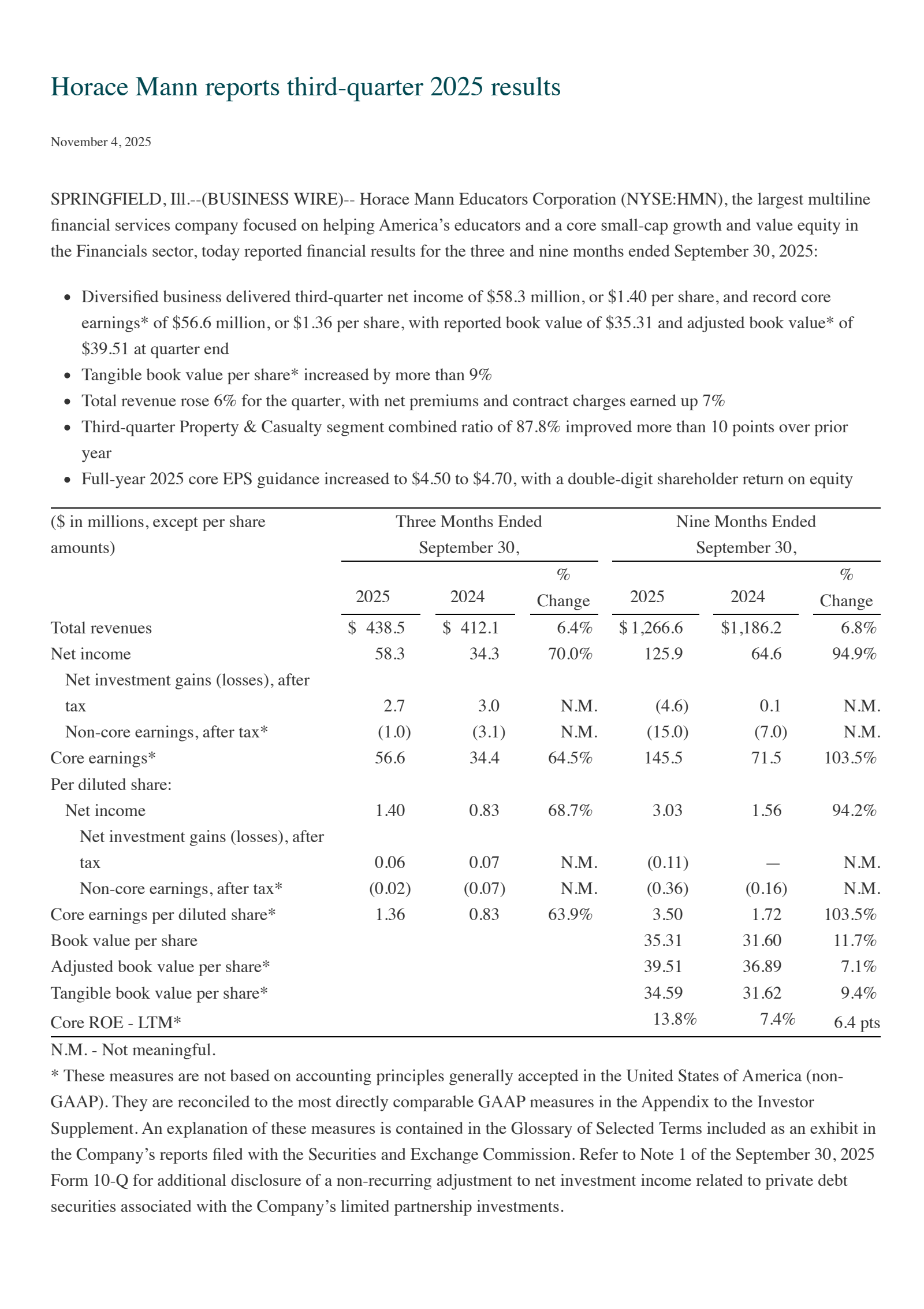 Horace Mann Educators' Q3 2025 Earnings Release