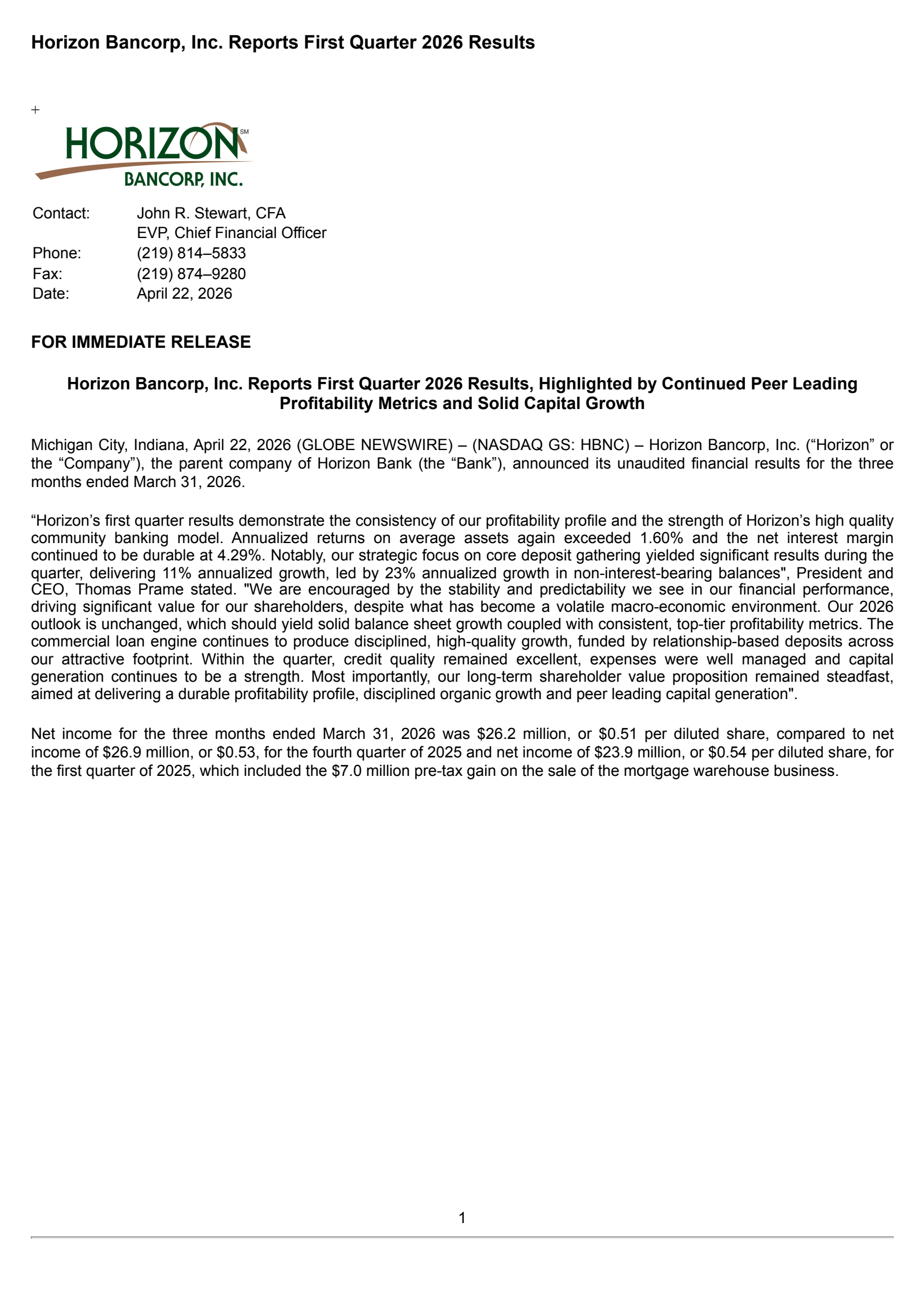 Horizon Bancorp (IN)'s Q1 2026 Press Release