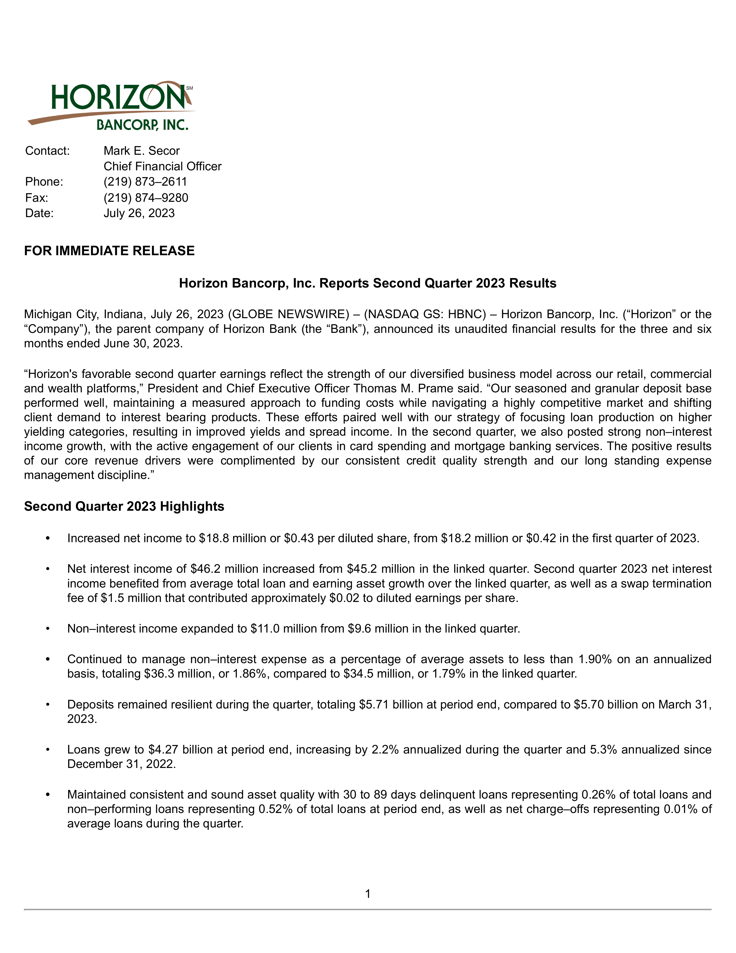 Horizon Bancorp's Q2 2023 Press Release