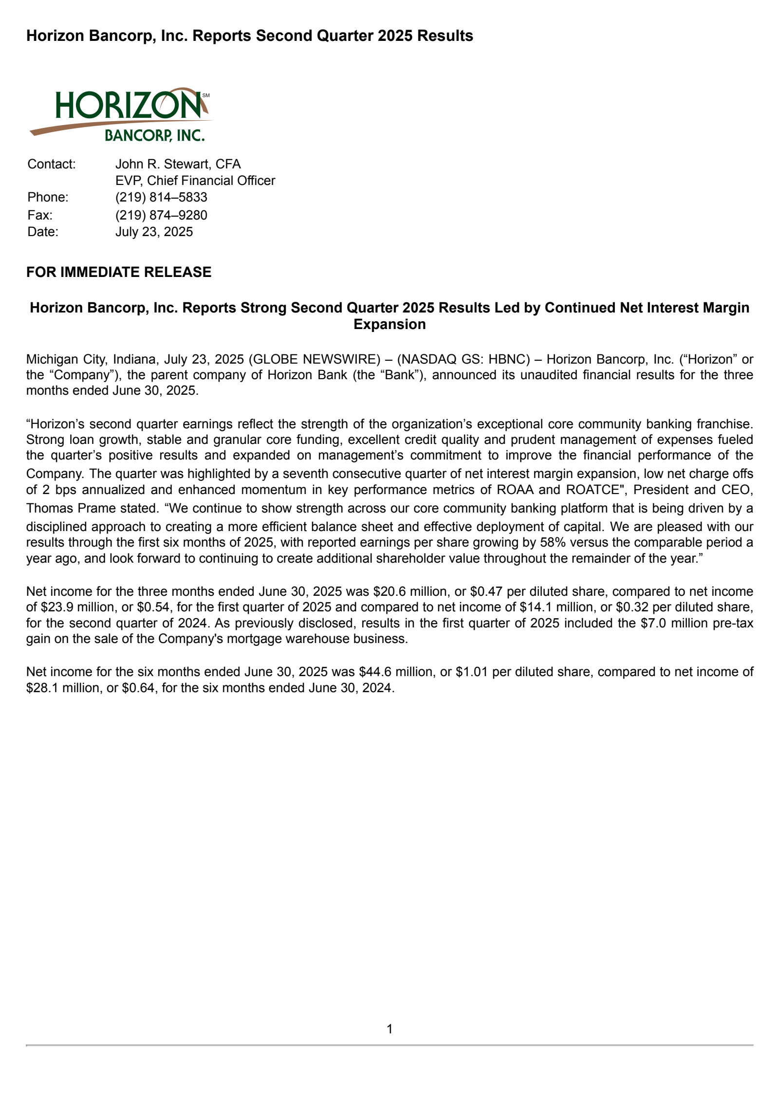 Horizon Bancorp (IN)'s Q2 2025 Press Release