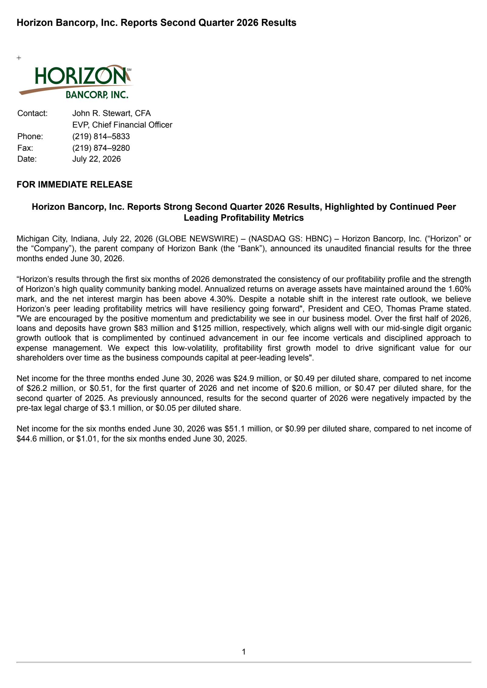 Horizon Bancorp (IN)'s Q2 2026 Press Release