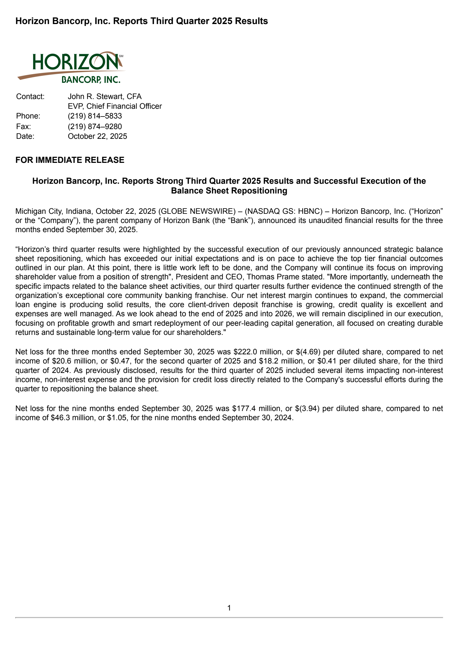 Horizon Bancorp (IN)'s Q3 2025 Earnings Release