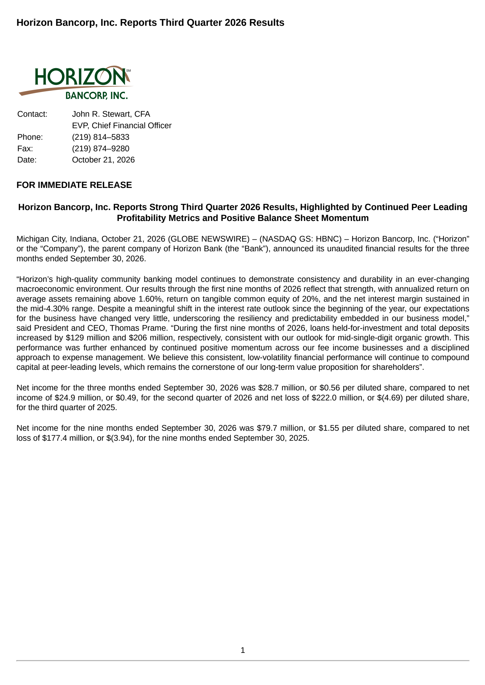 Horizon Bancorp (IN)'s Q3 2026 Press Release