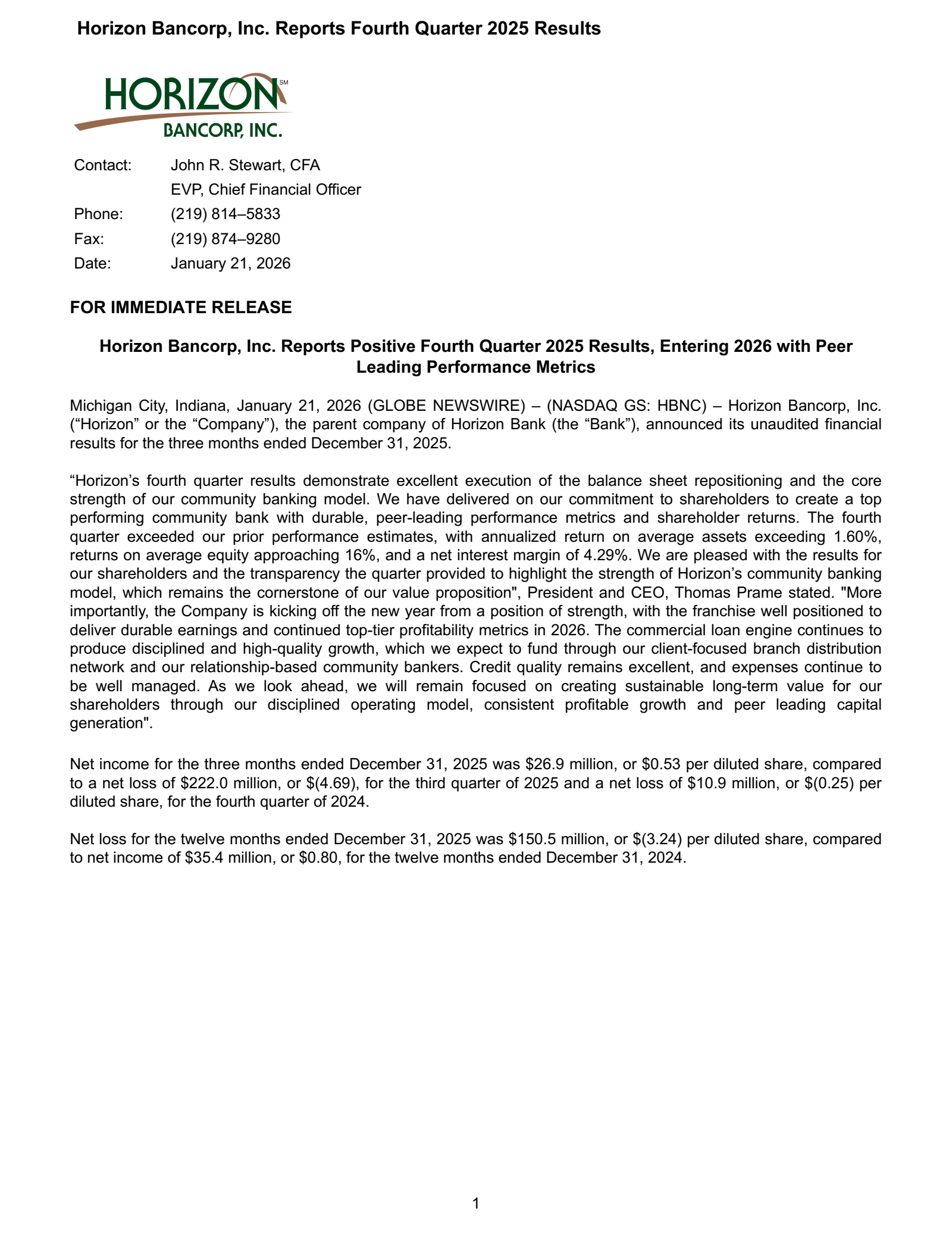 Horizon Bancorp (IN)'s Q4 2025 Press Release