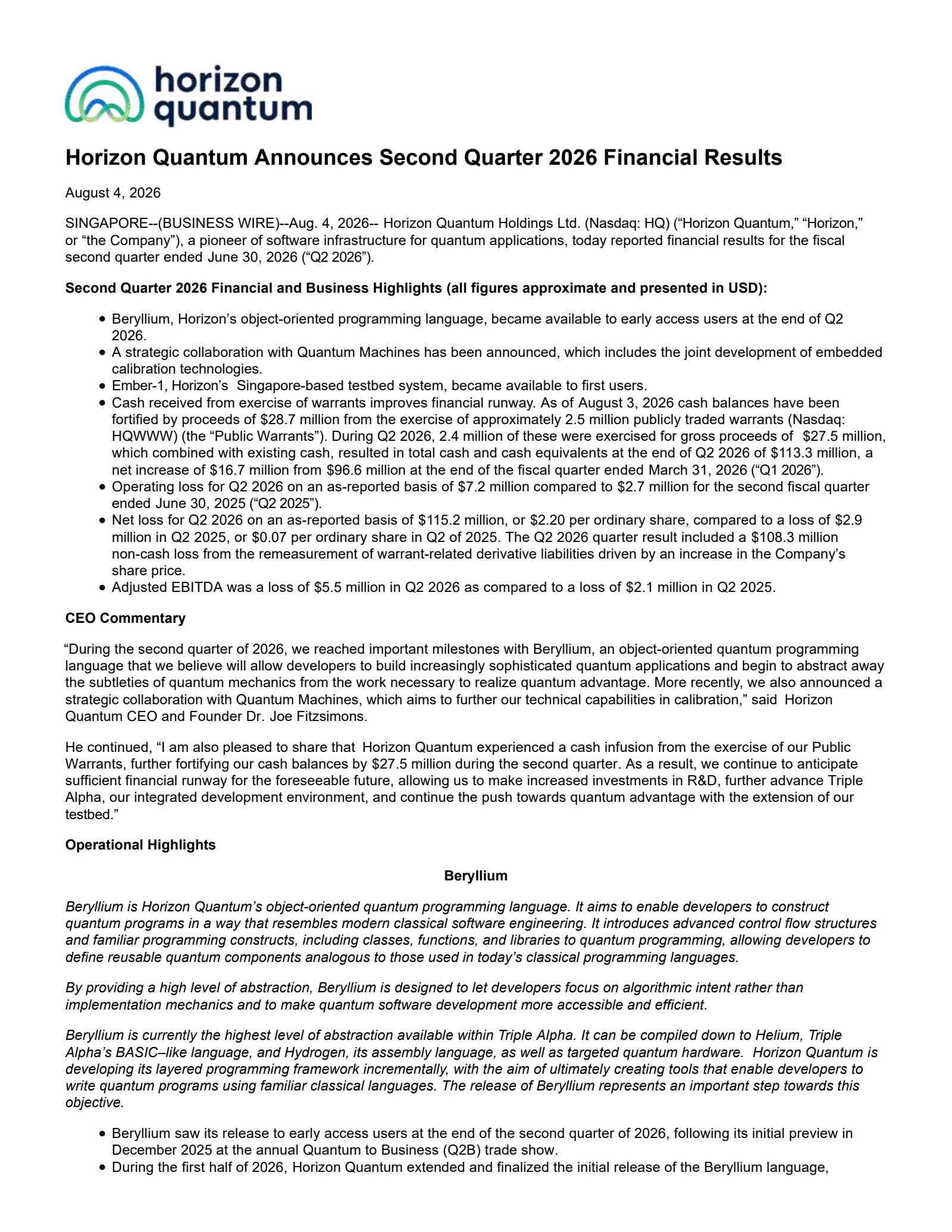 Horizon Quantum Computing Pte.'s Q2 2026 Press Release