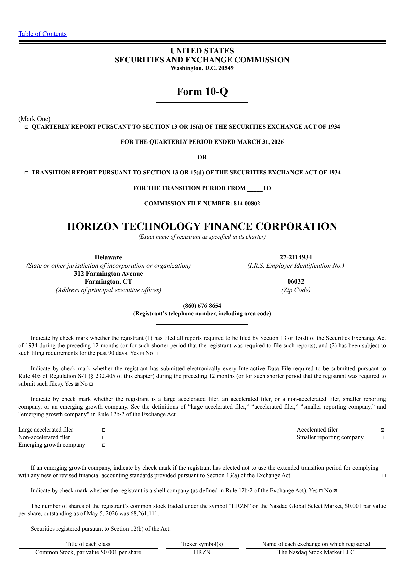 Horizon Technology Finance's Q1 2026 Quarterly report
