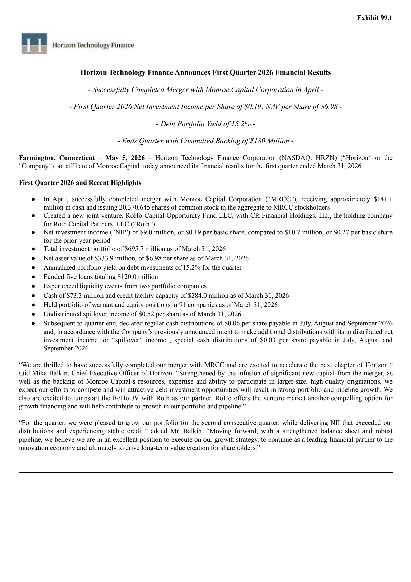 Horizon Technology Finance's Q1 2026 Press Release