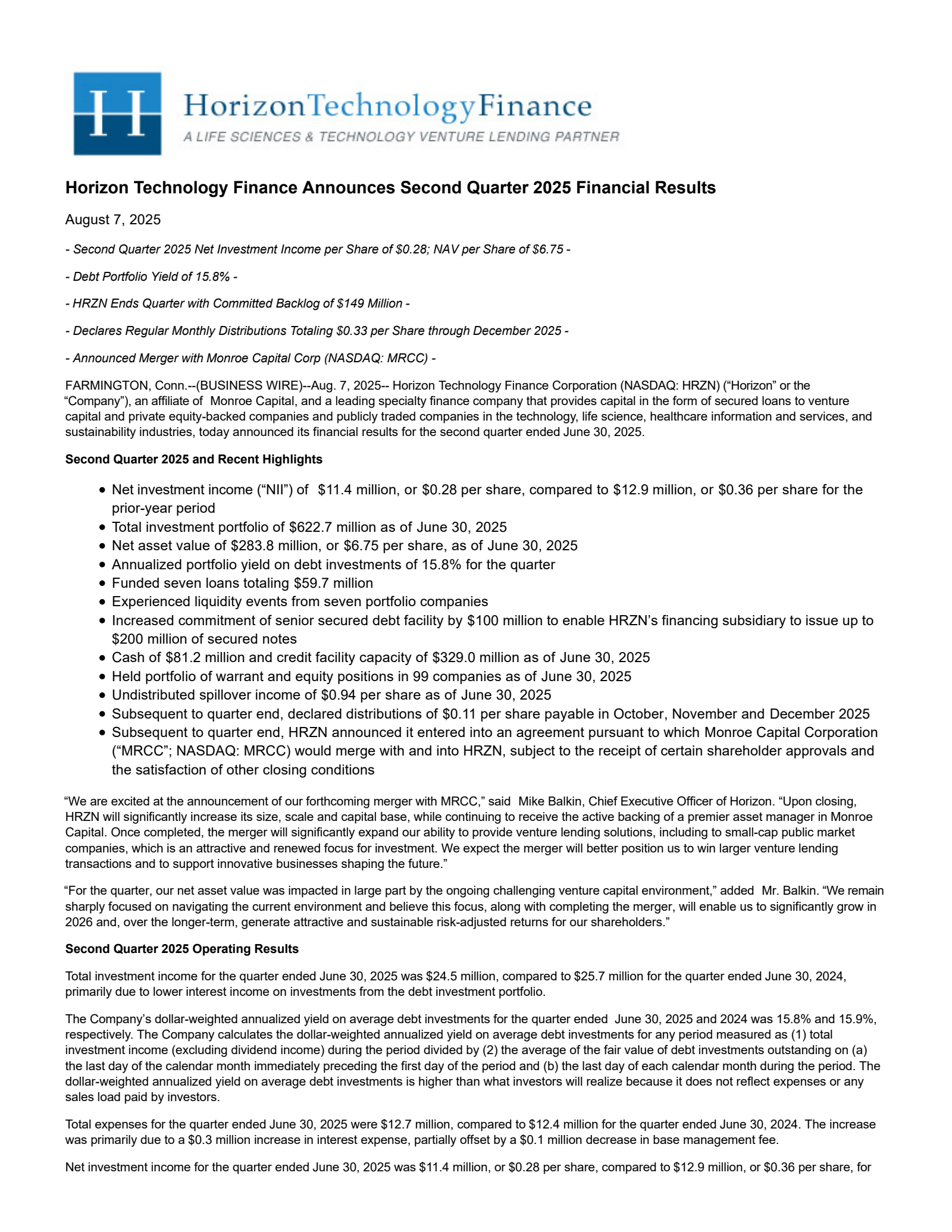 Horizon Technology Finance's Q2 2025 Press Release
