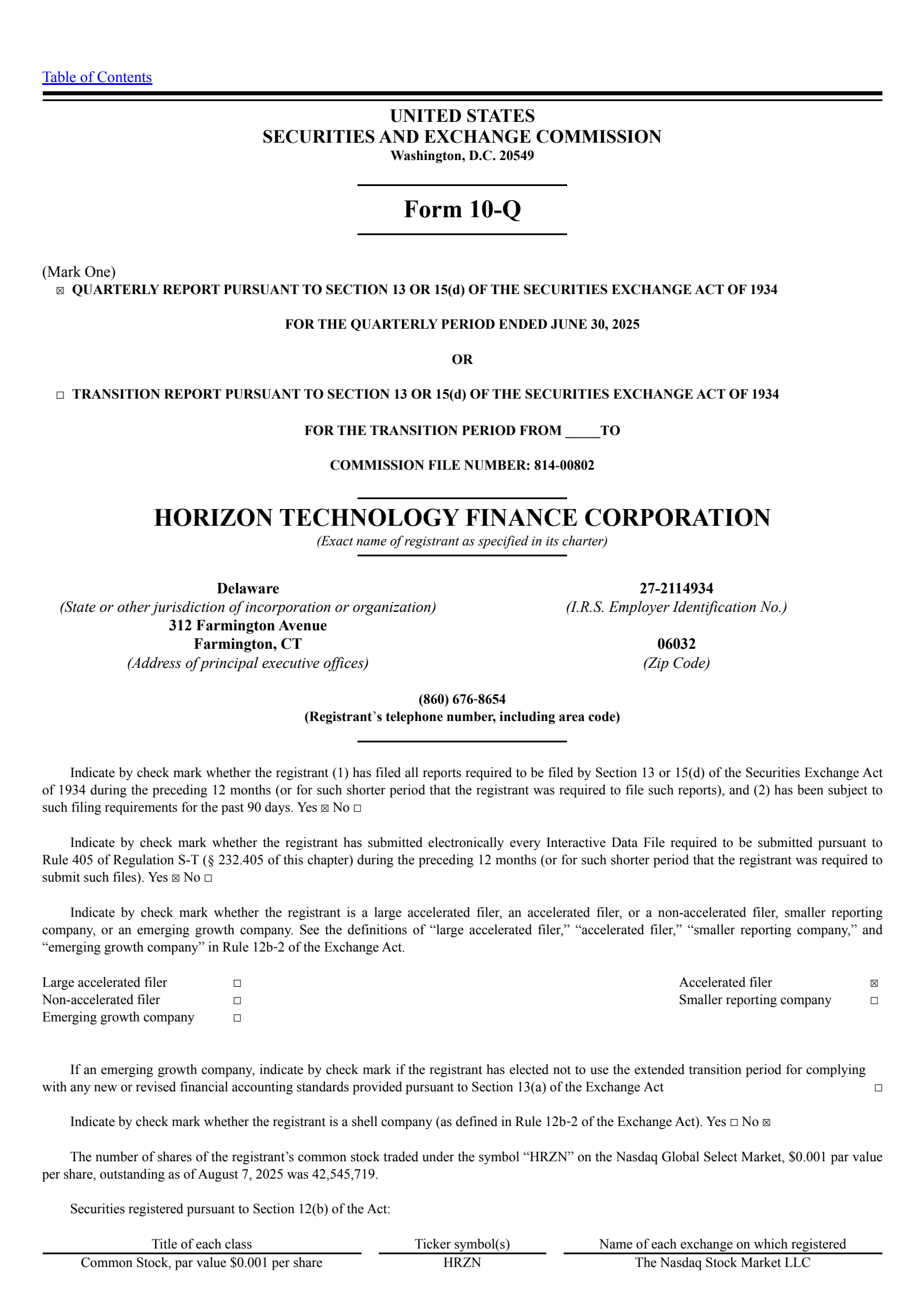Horizon Technology Finance's Q2 2025 Quarterly report