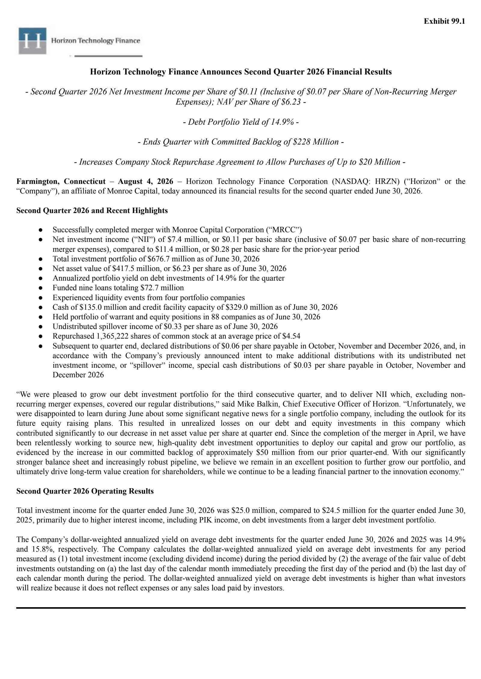Horizon Technology Finance's Q2 2026 Press Release