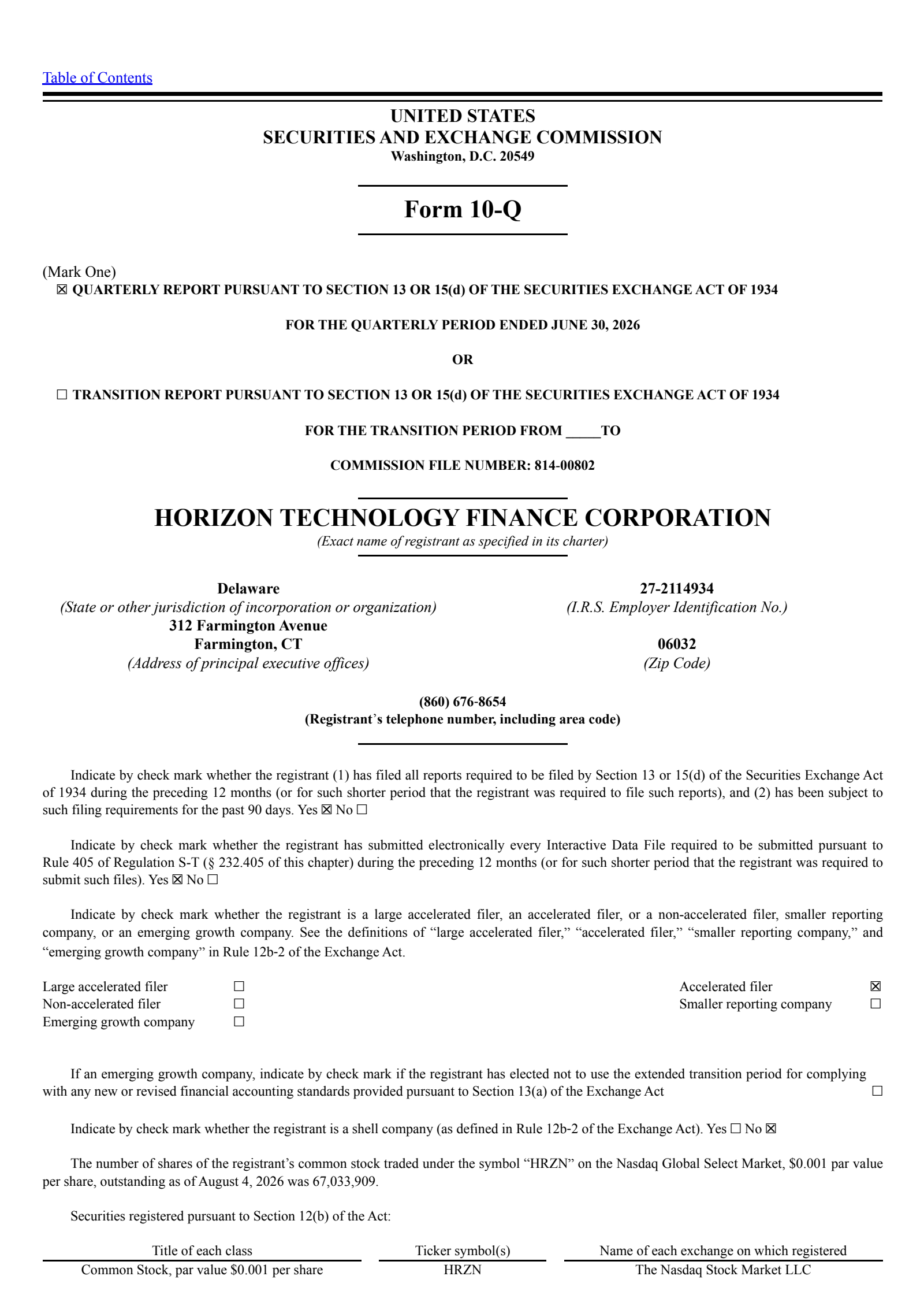 Horizon Technology Finance's Q2 2026 Quarterly report