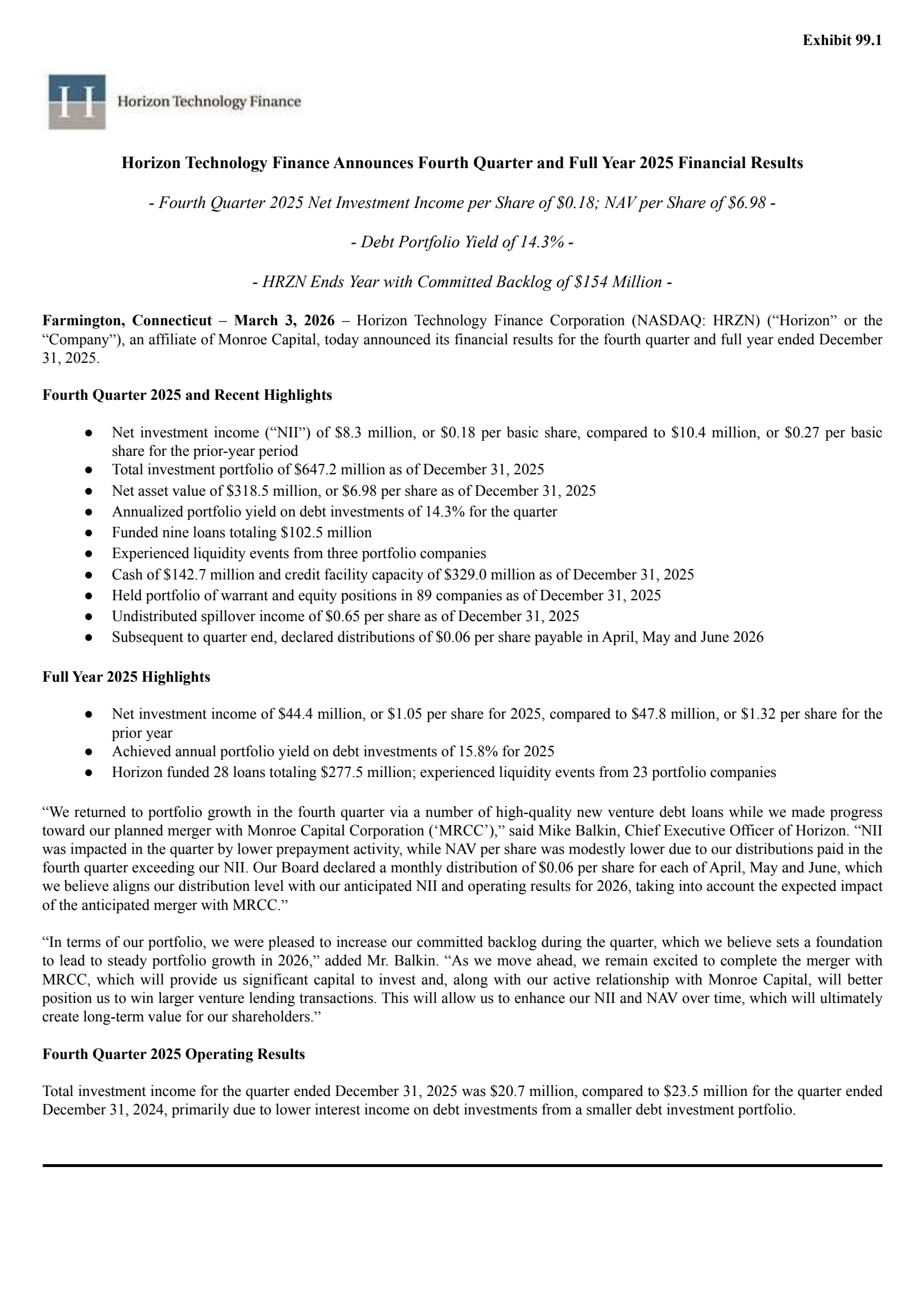 Horizon Technology Finance's Q4 2025 Press Release