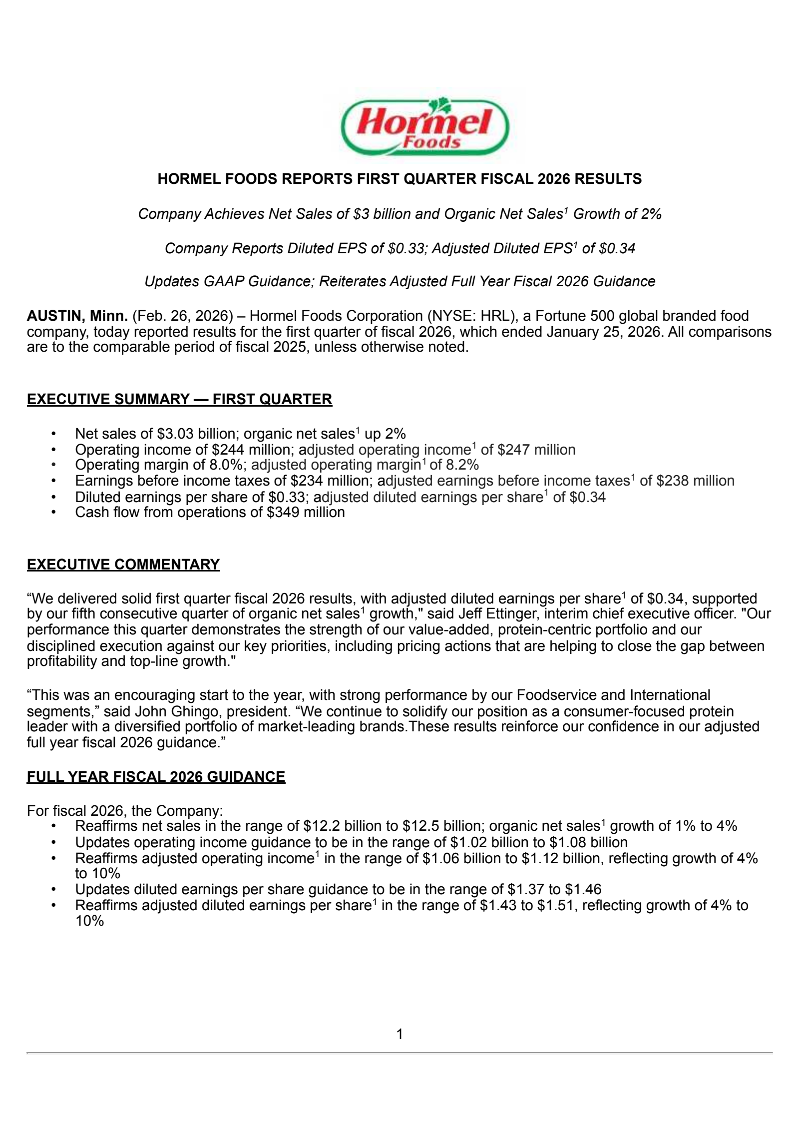 Hormel Foods' Q1 2026 Press Release