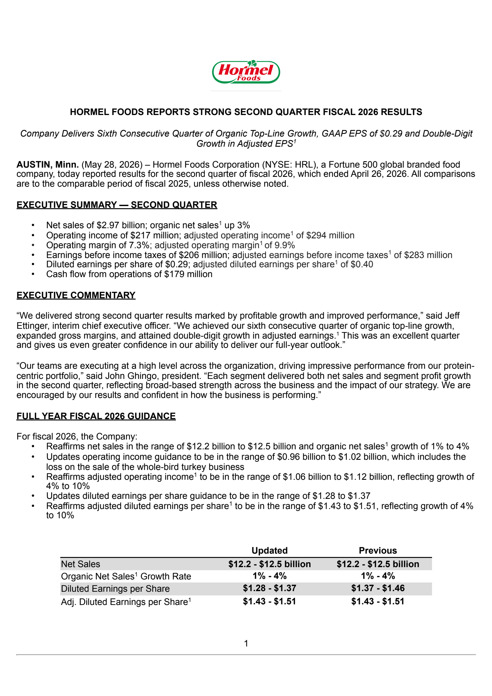 Hormel Foods' Q2 2026 Press Release