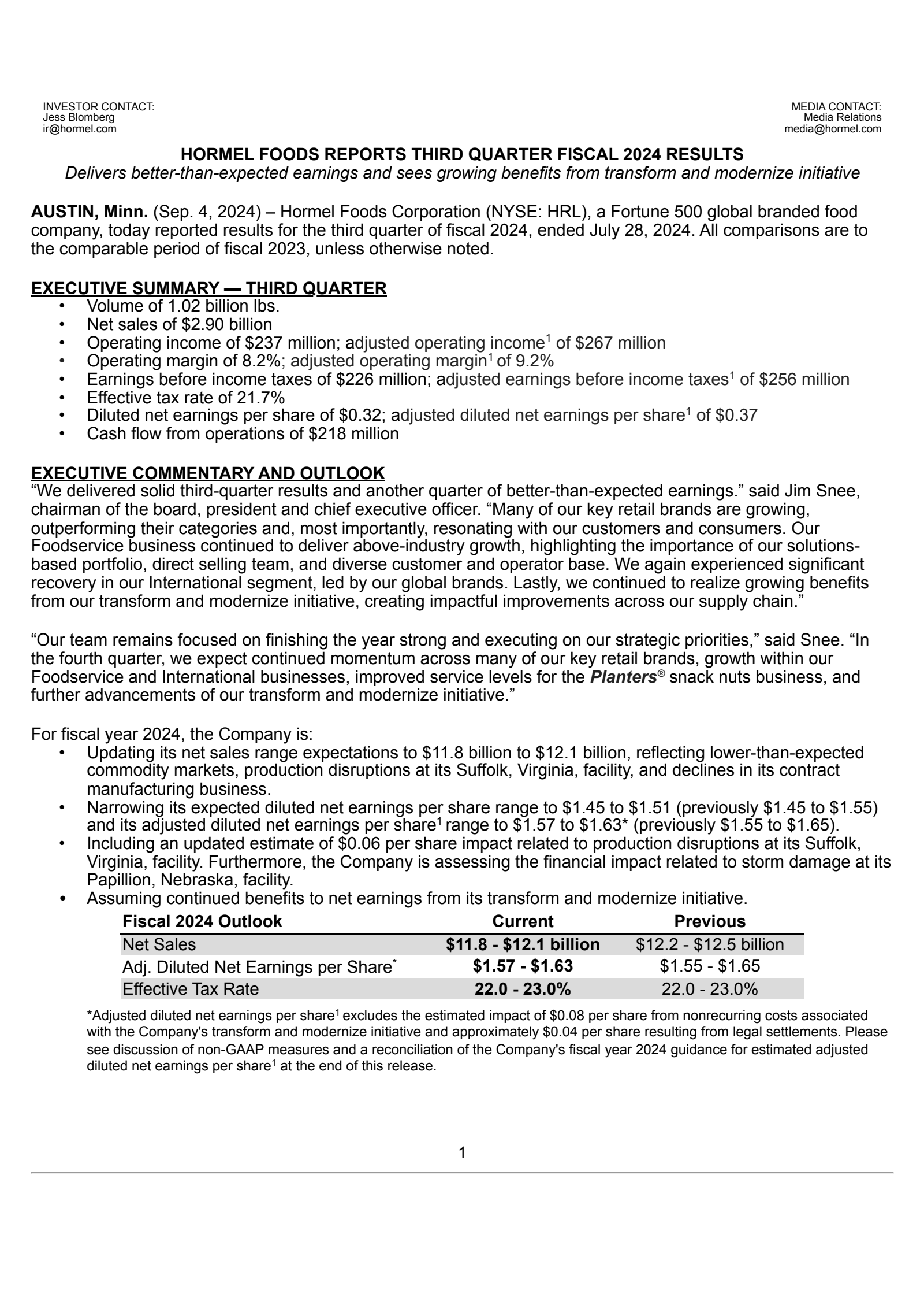 Hormel Foods' Q3 2024 Press Release