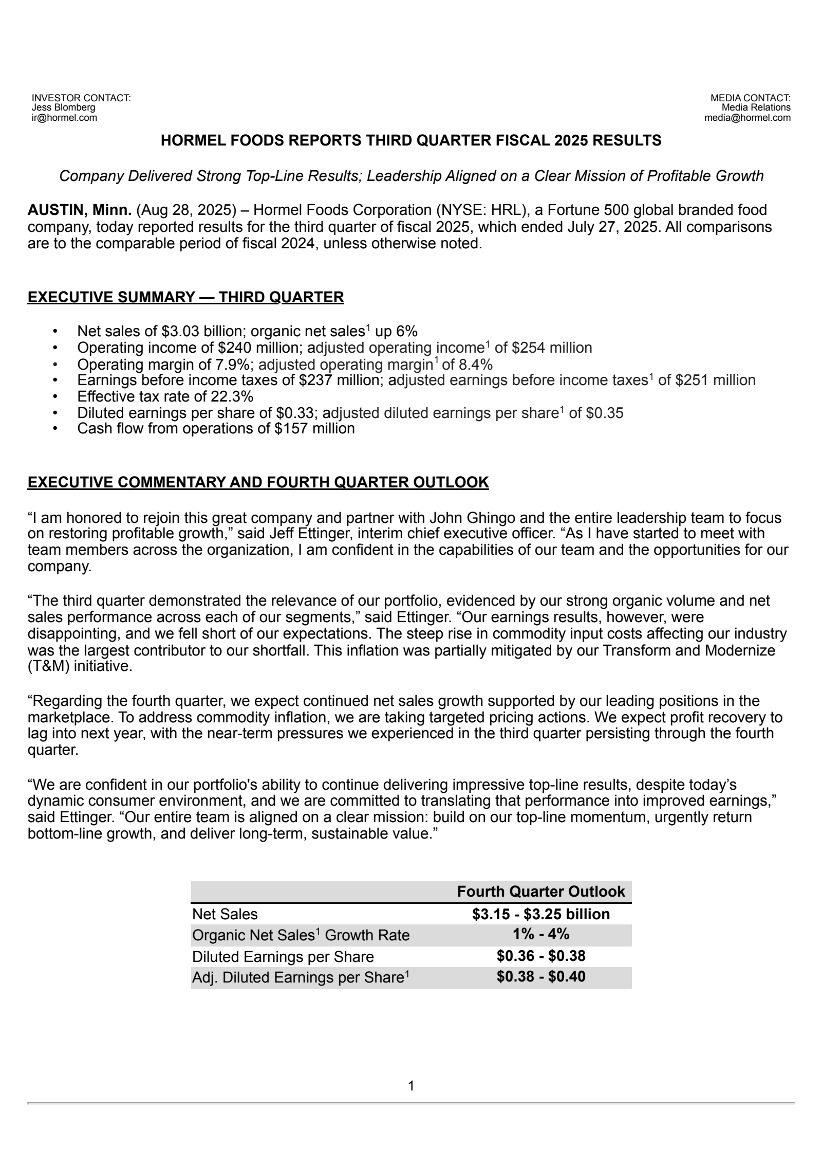Hormel Foods' Q3 2025 Press Release