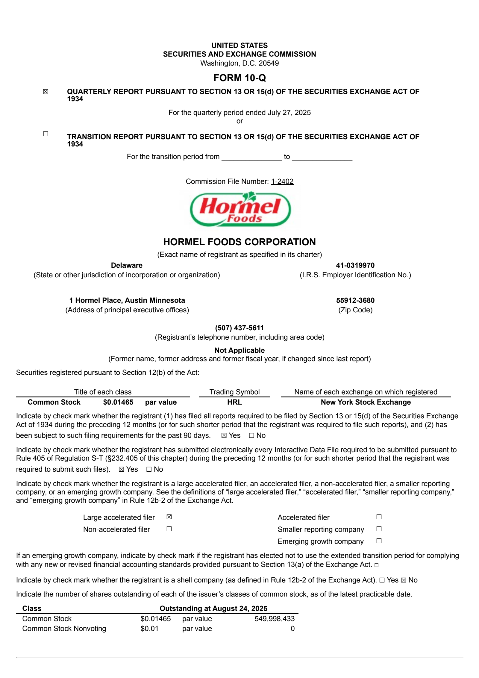 Hormel Foods' Q3 2025 Quarterly report