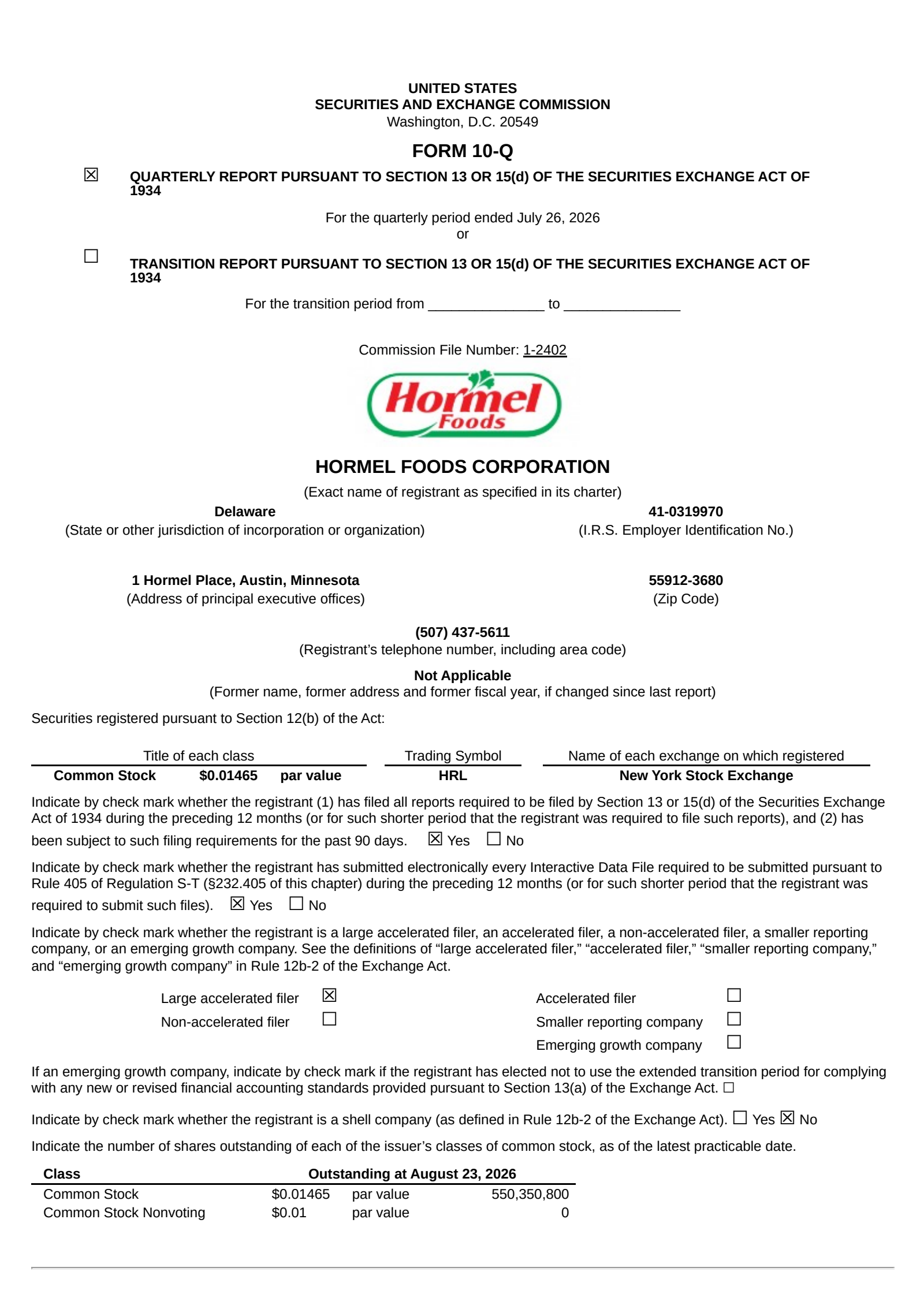 Hormel Foods' Q3 2026 Quarterly report