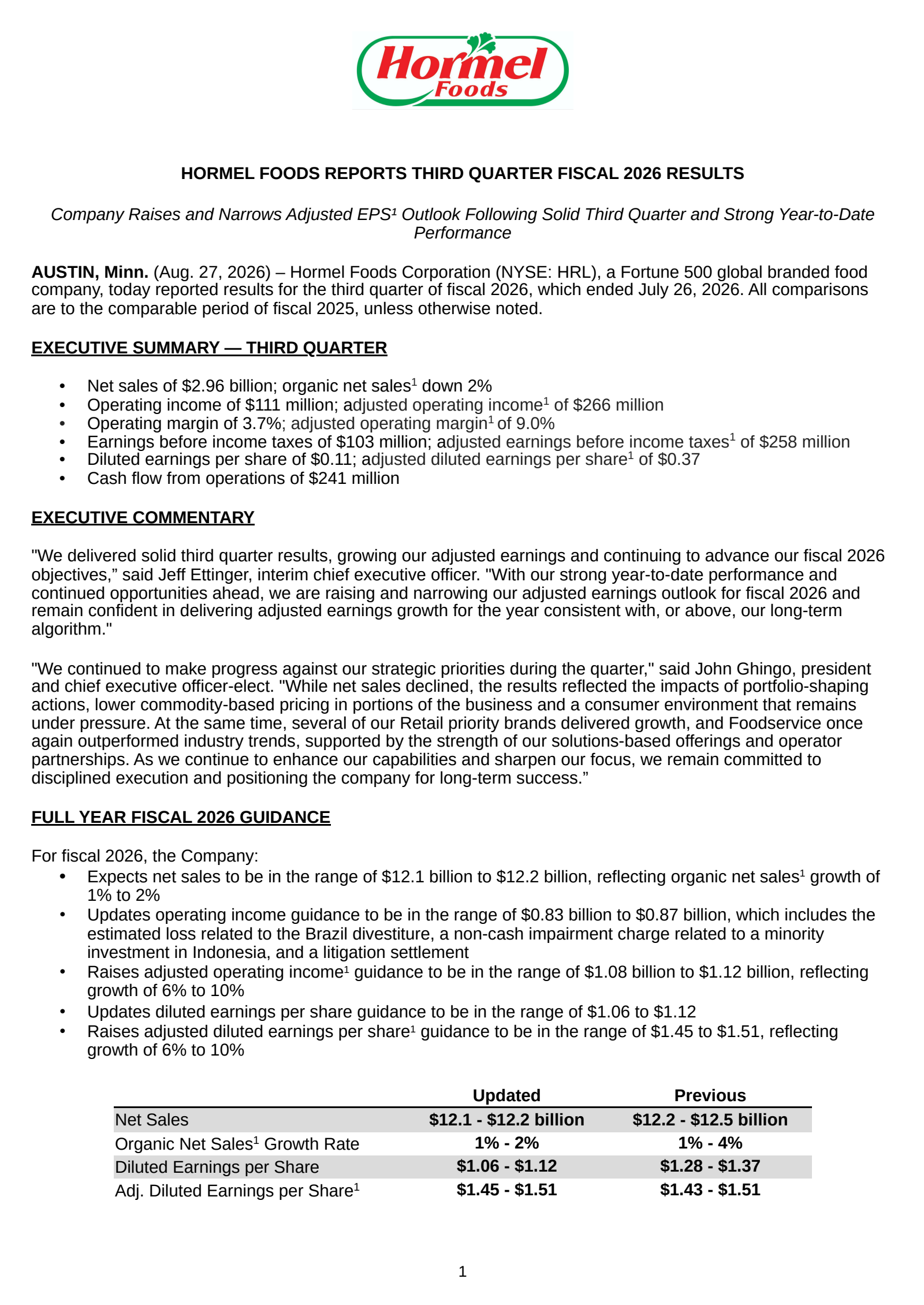 Hormel Foods' Q3 2026 Press Release