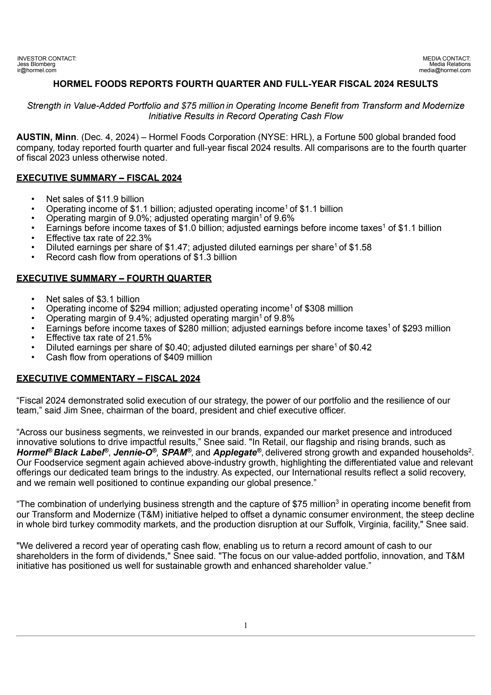 Hormel Foods' Q4 2024 Press Release