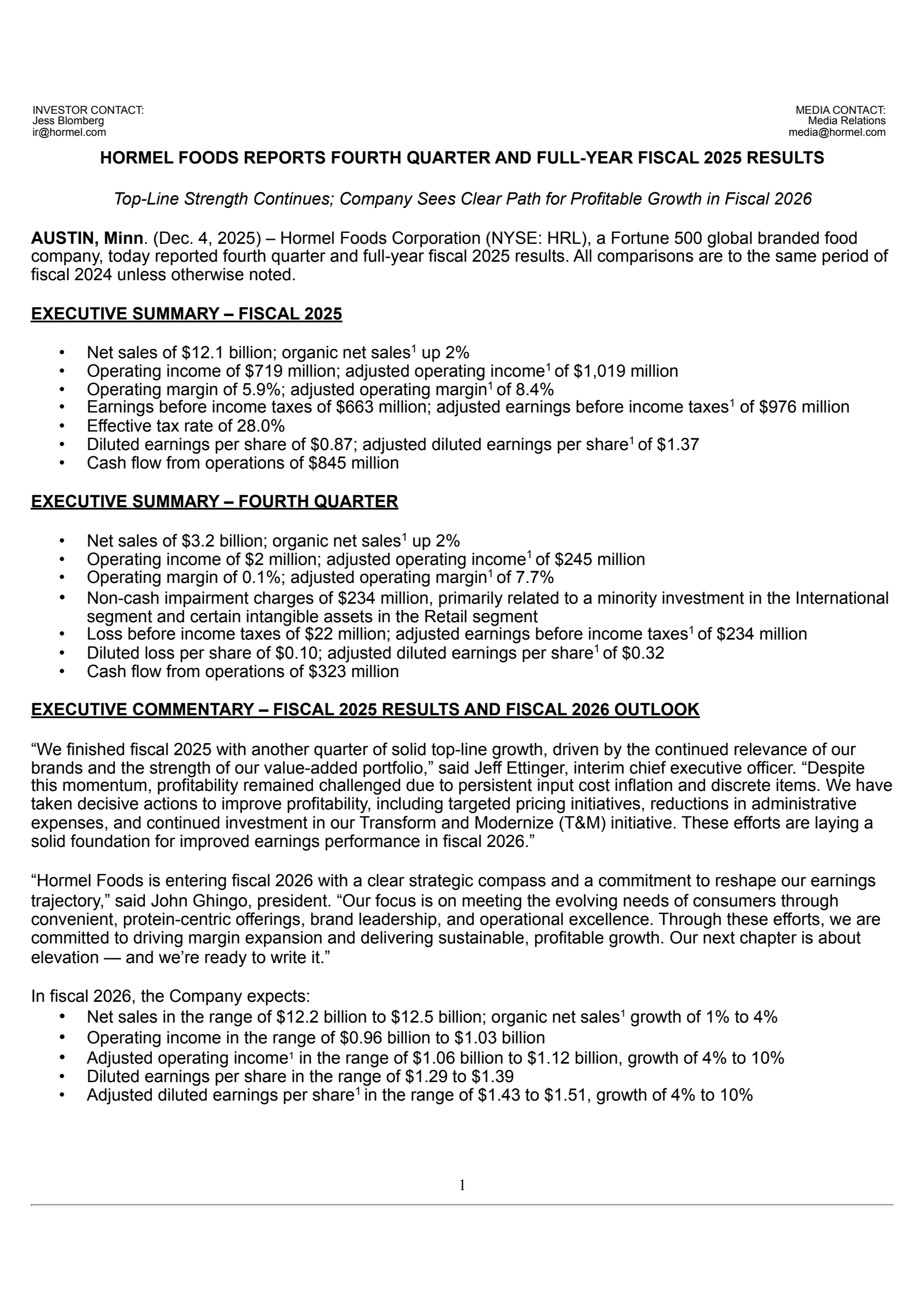 Hormel Foods' Q4 2025 Earnings Release