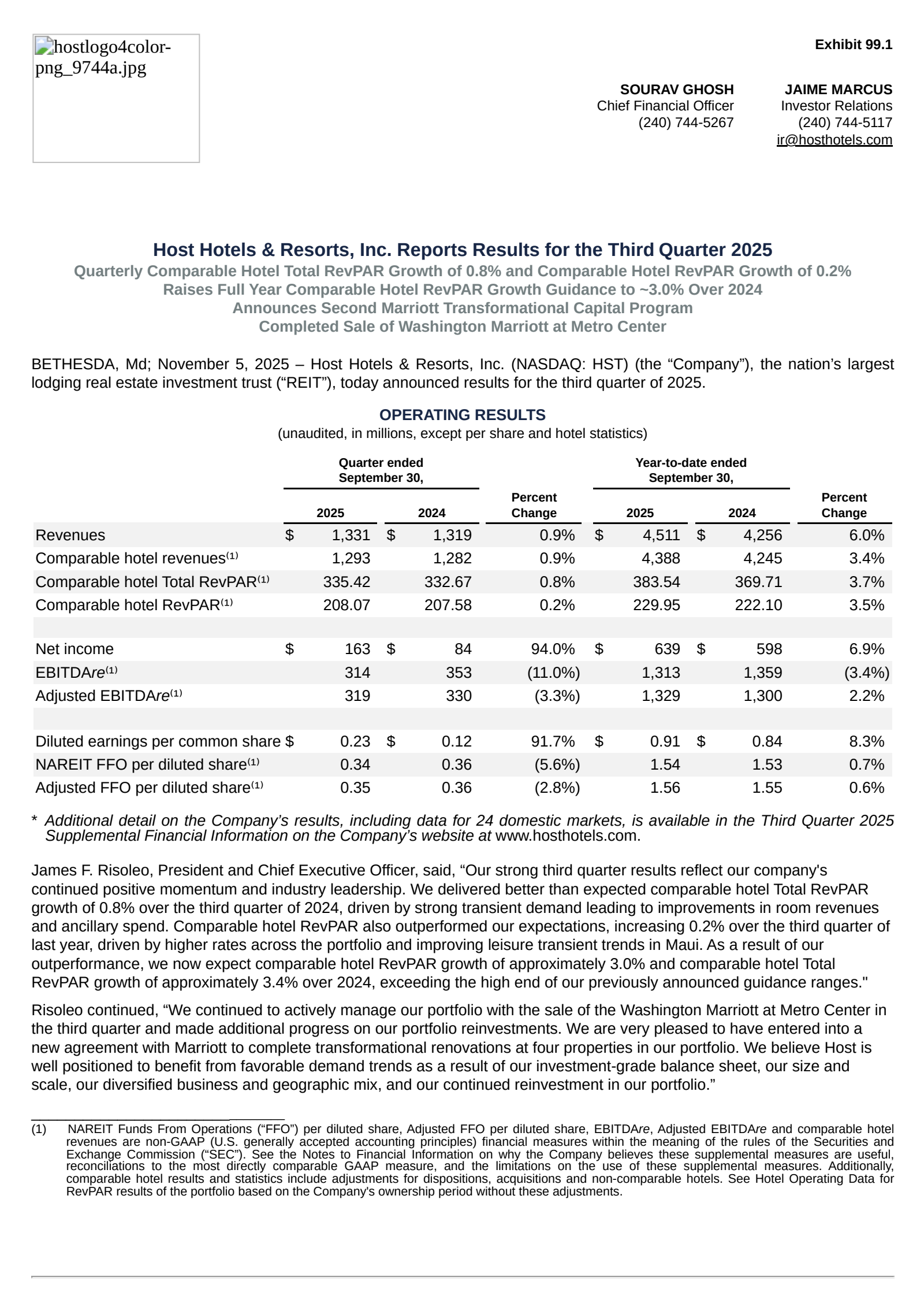 Host Hotels & Resorts' Q3 2025 Earnings Release