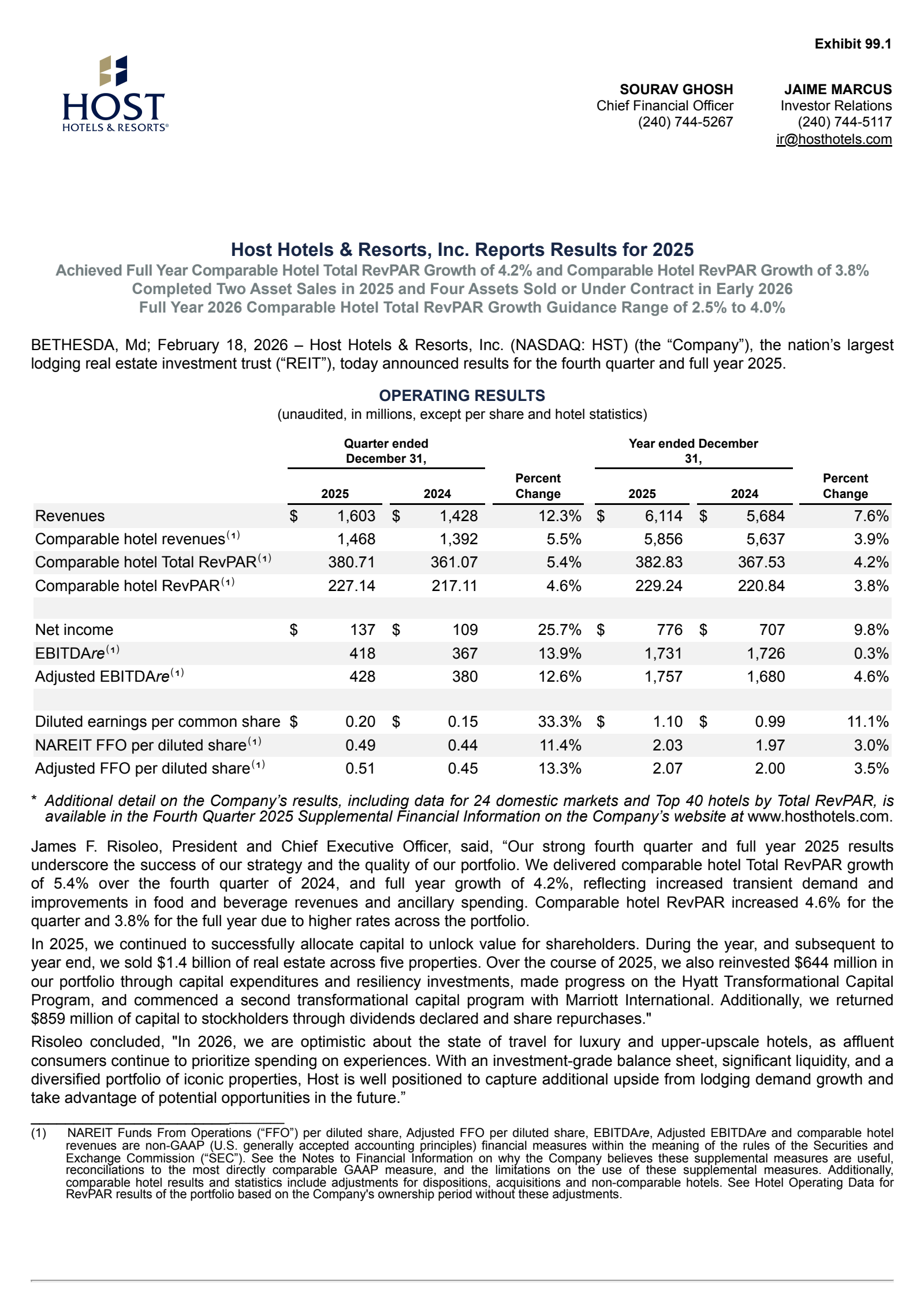 Host Hotels & Resorts' Q4 2025 Press Release