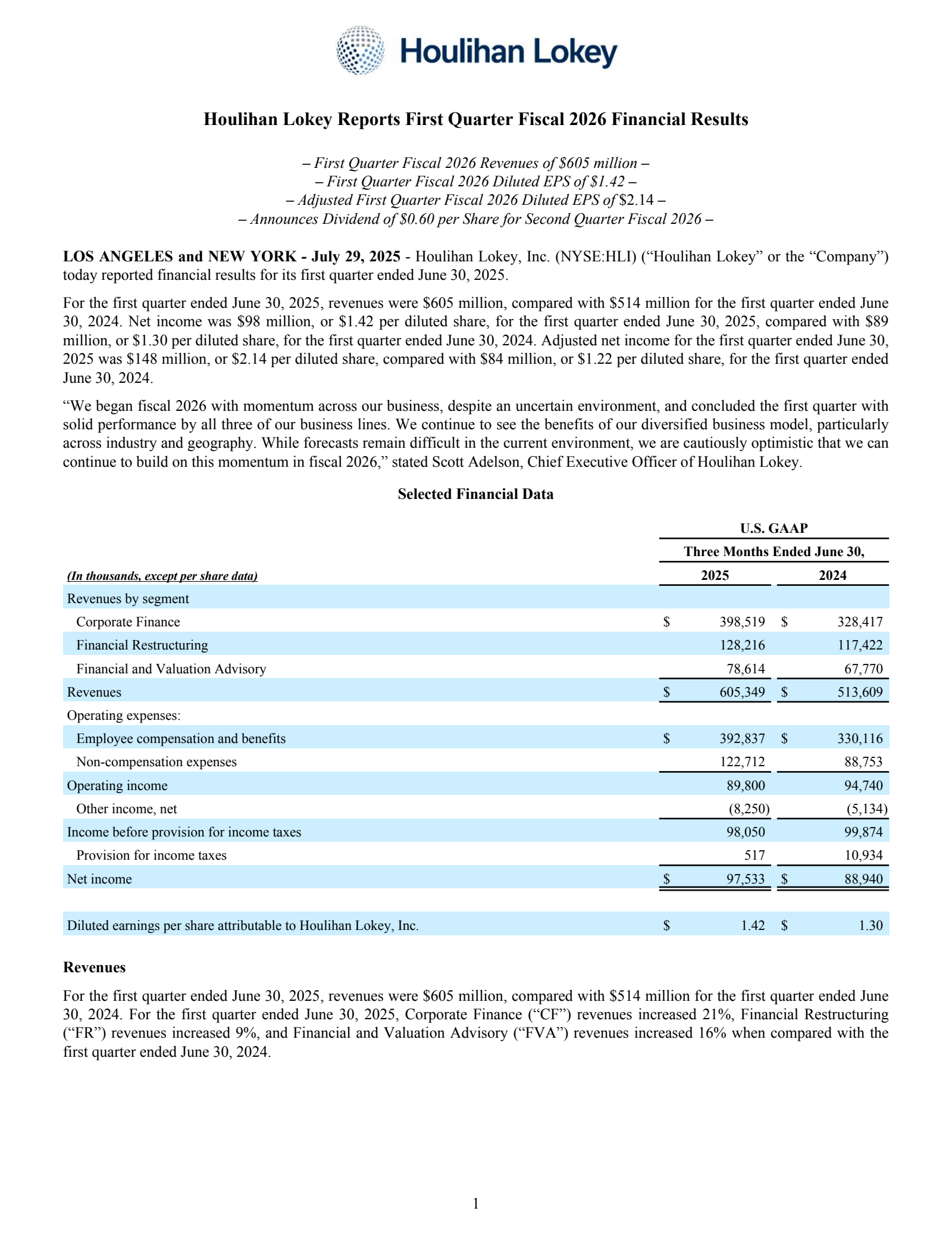 Houlihan Lokey's Q1 2026 Press Release