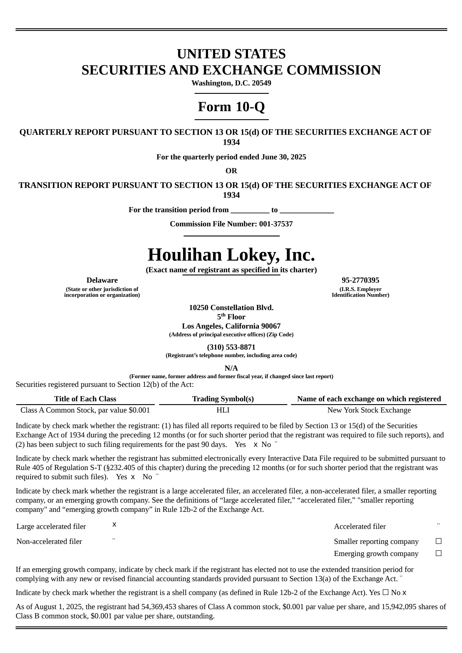 Houlihan Lokey's Q1 2026 Quarterly report