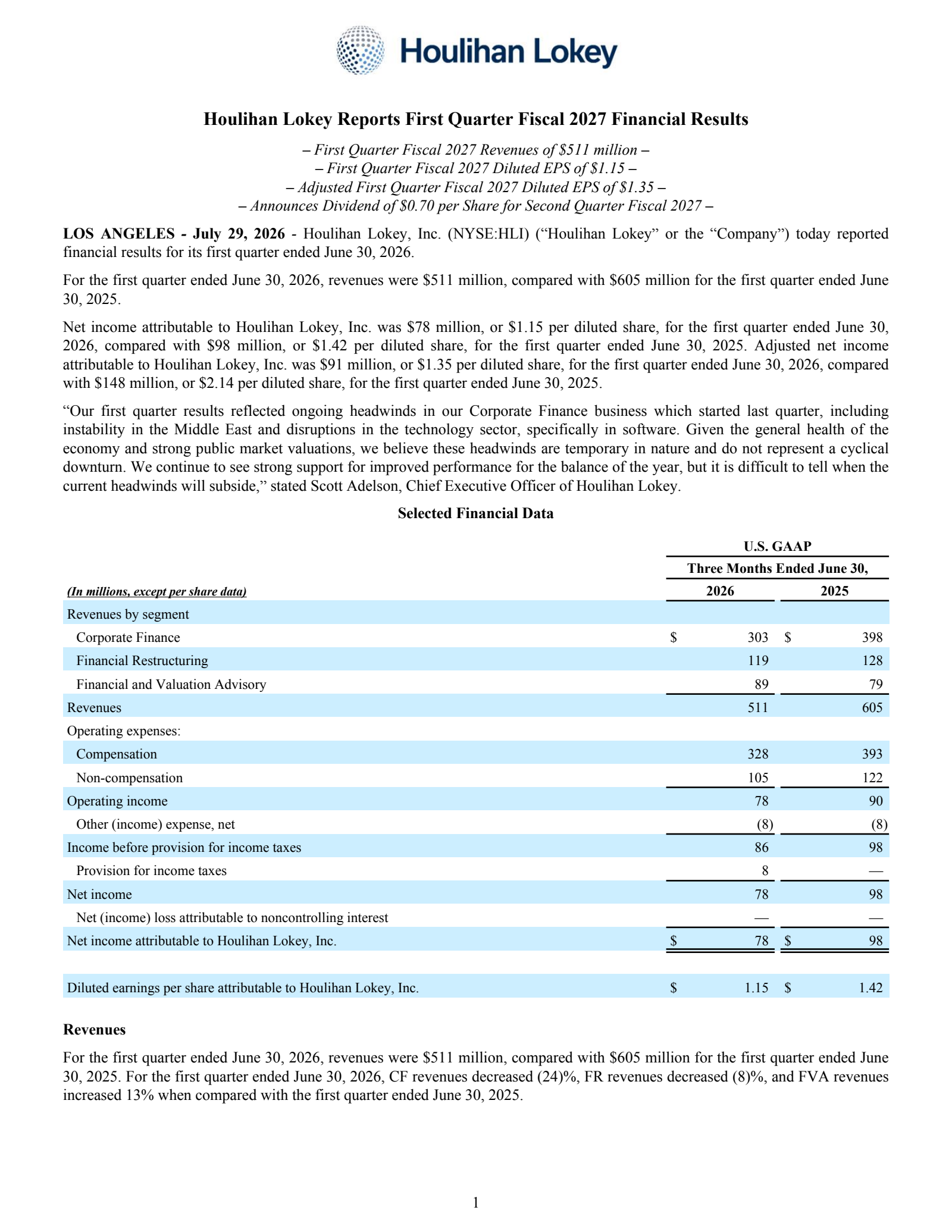 Houlihan Lokey's Q1 2027 Press Release