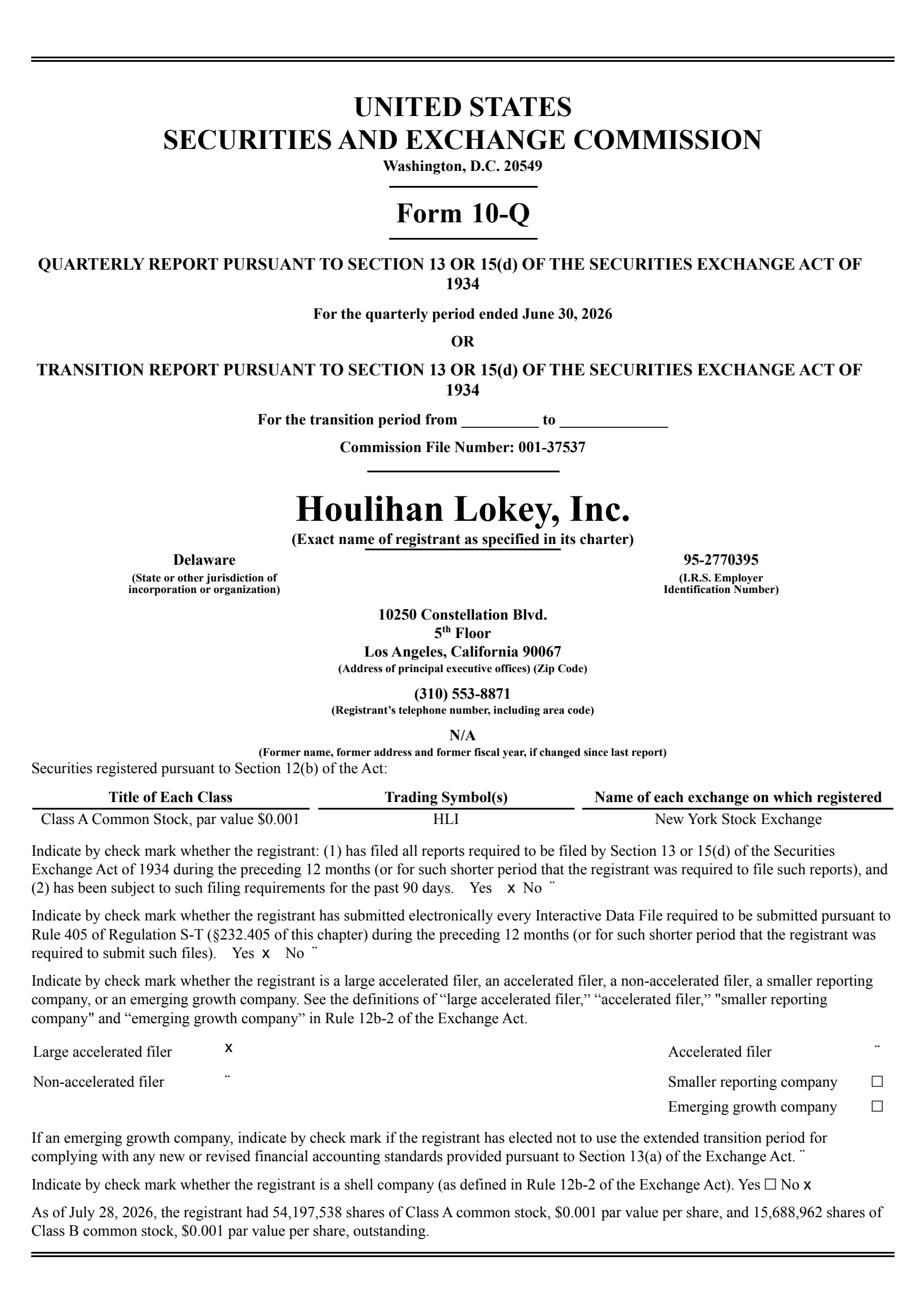 Houlihan Lokey's Q1 2027 Quarterly report