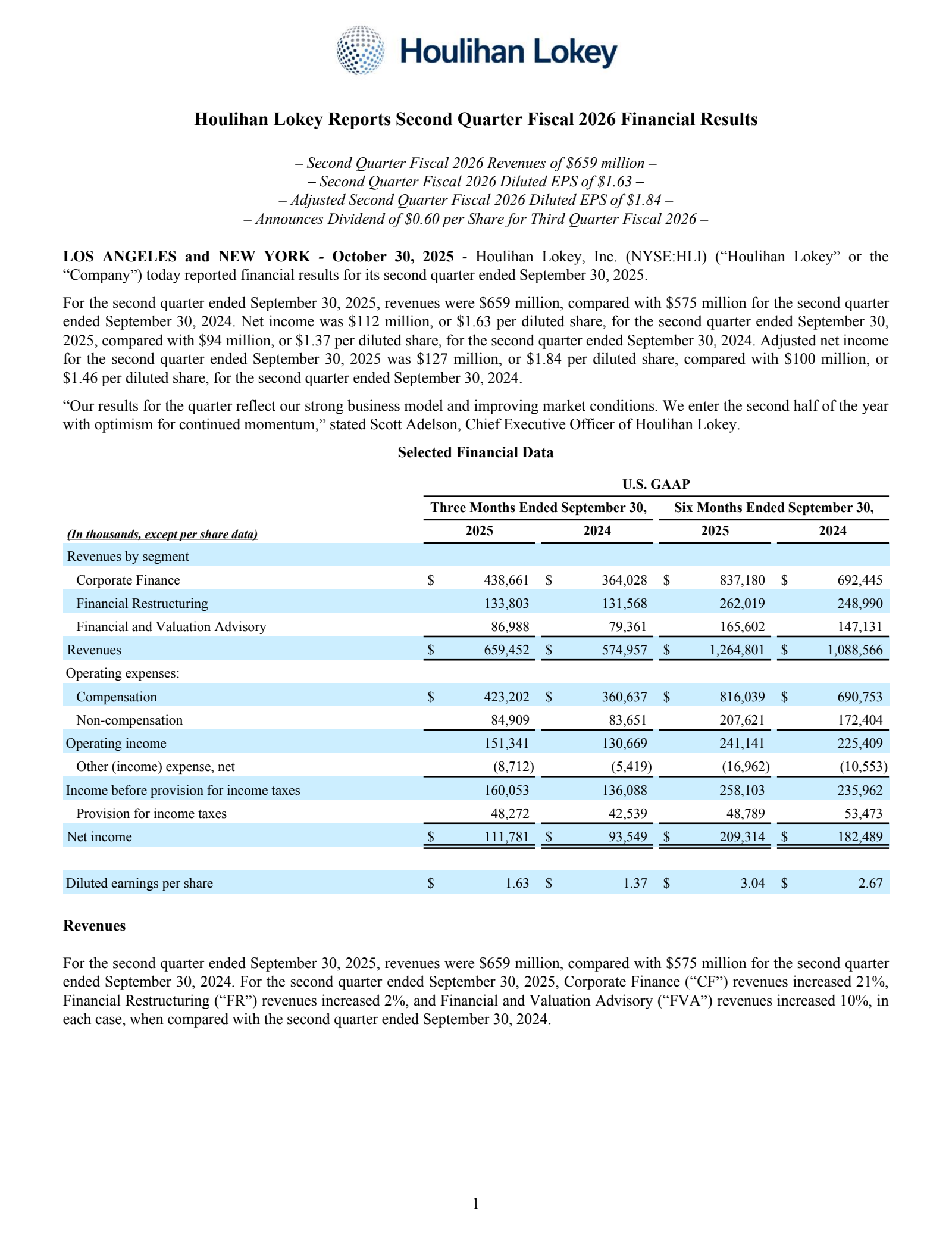 Houlihan Lokey's Q2 2026 Earnings Release