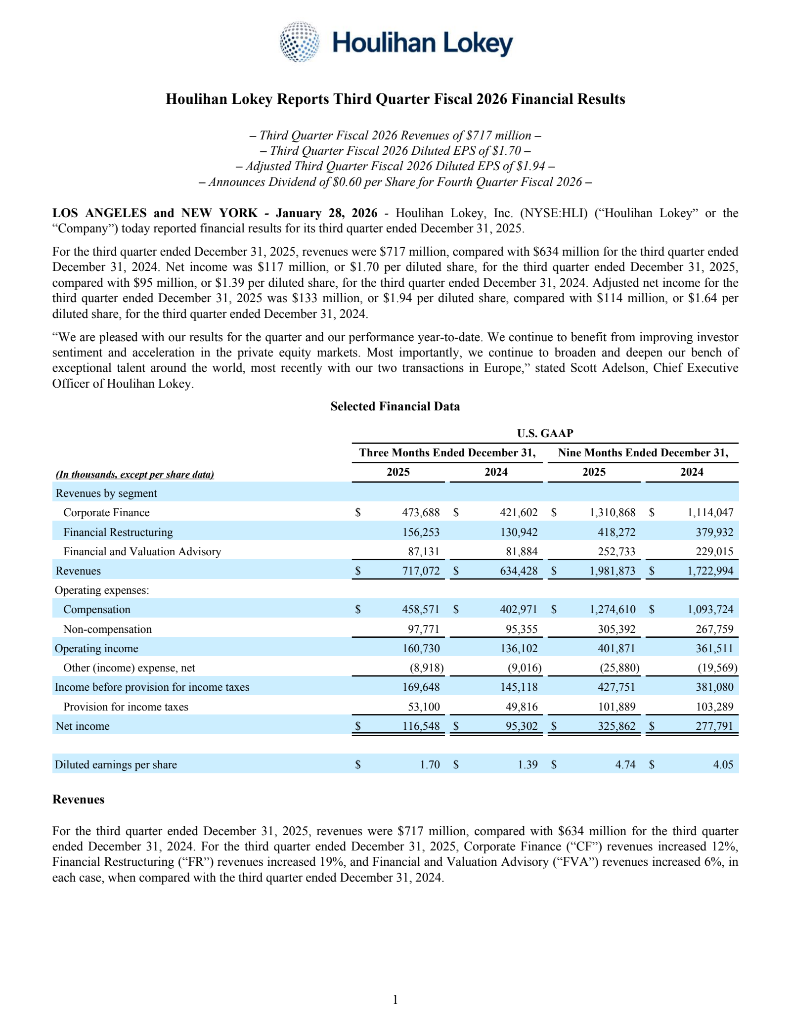 Houlihan Lokey's Q3 2026 Press Release
