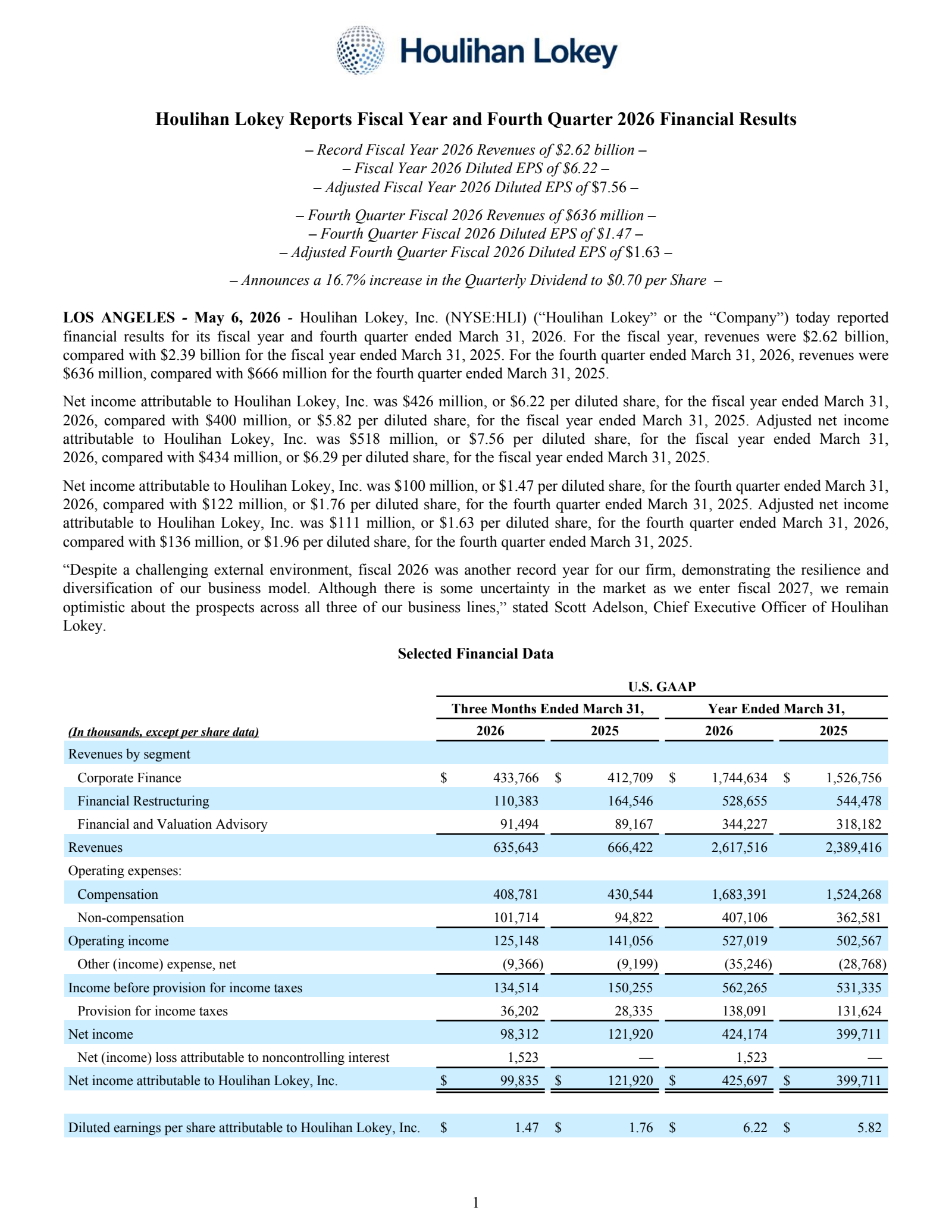 Houlihan Lokey's Q4 2026 Press Release