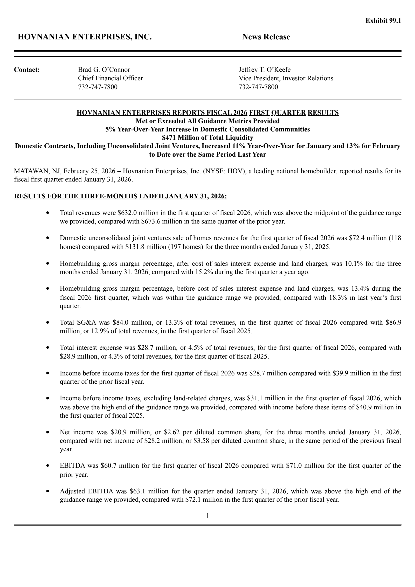 Hovnanian Enterprises' Q1 2026 Press Release