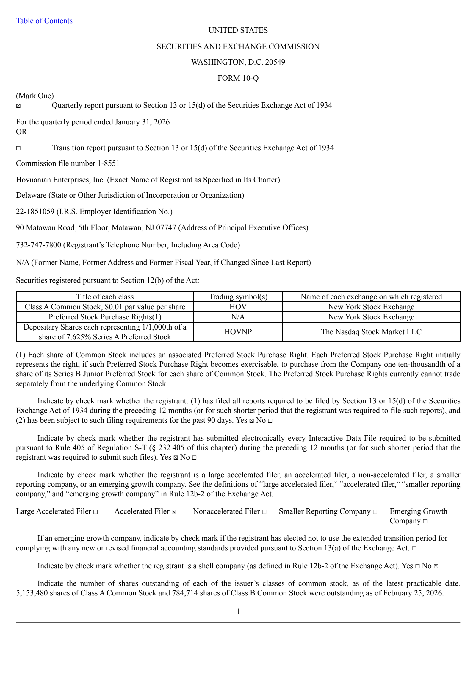 Hovnanian Enterprises' Q1 2026 Quarterly report