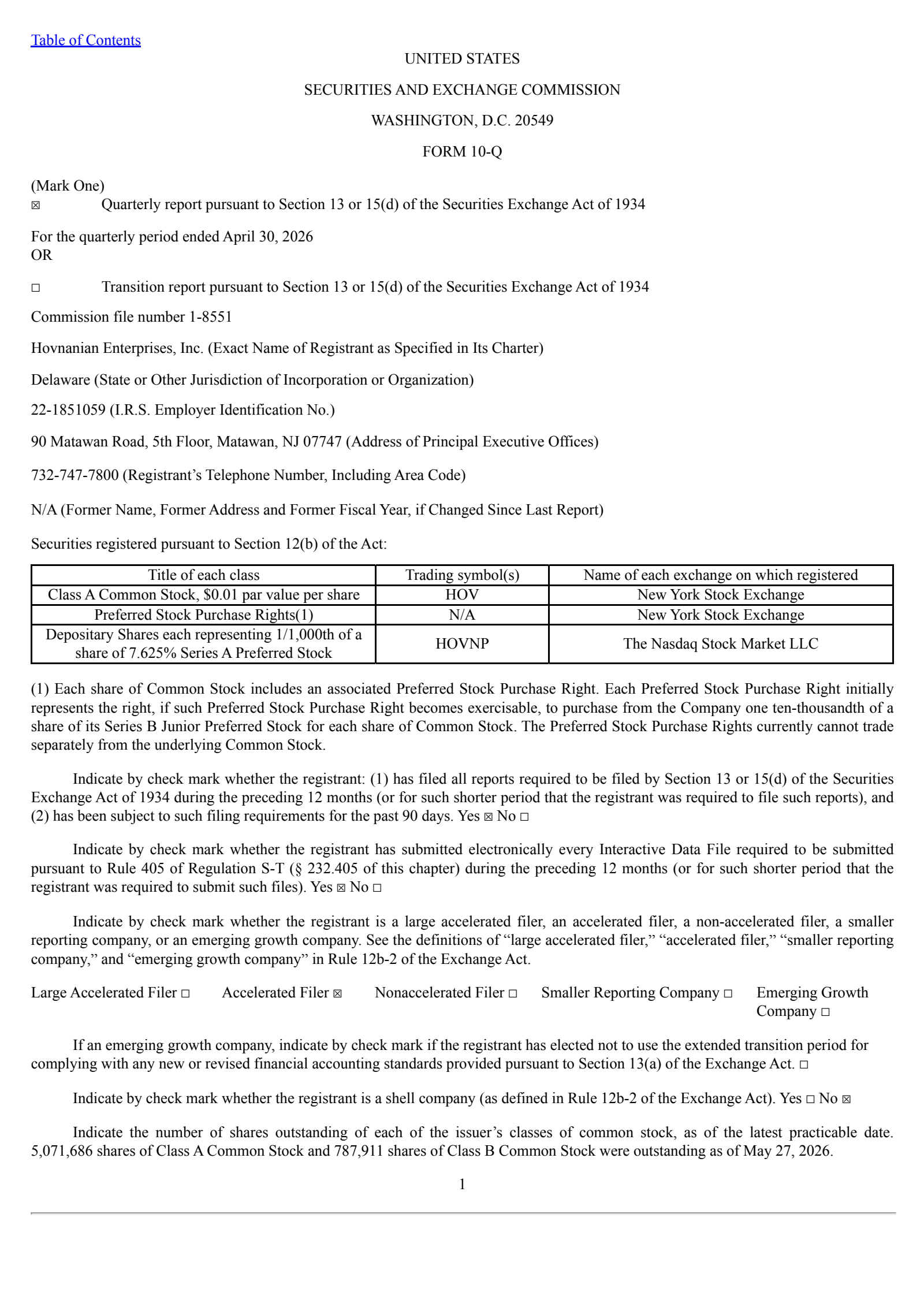 Hovnanian Enterprises' Q2 2026 Quarterly report