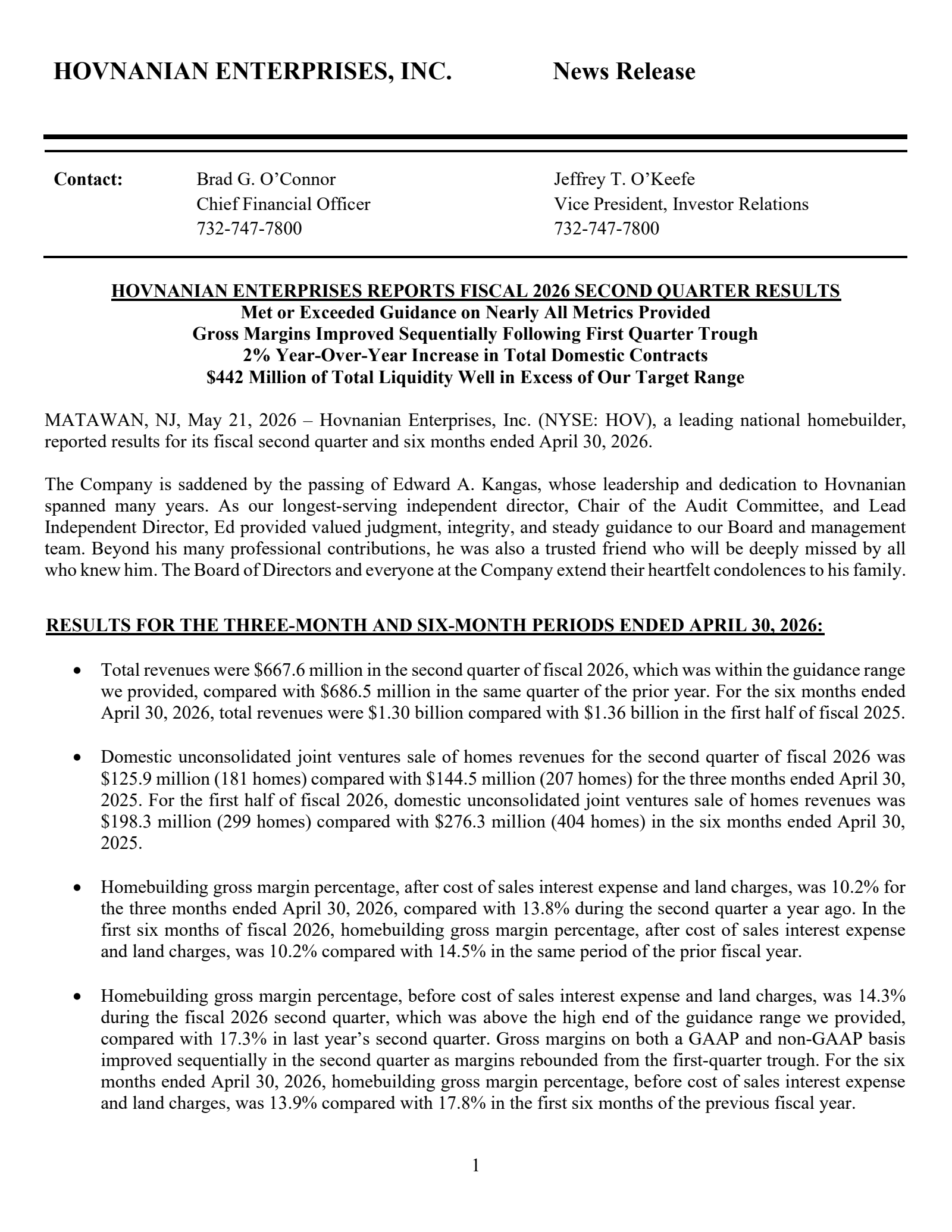 Hovnanian Enterprises' Q2 2026 Press Release