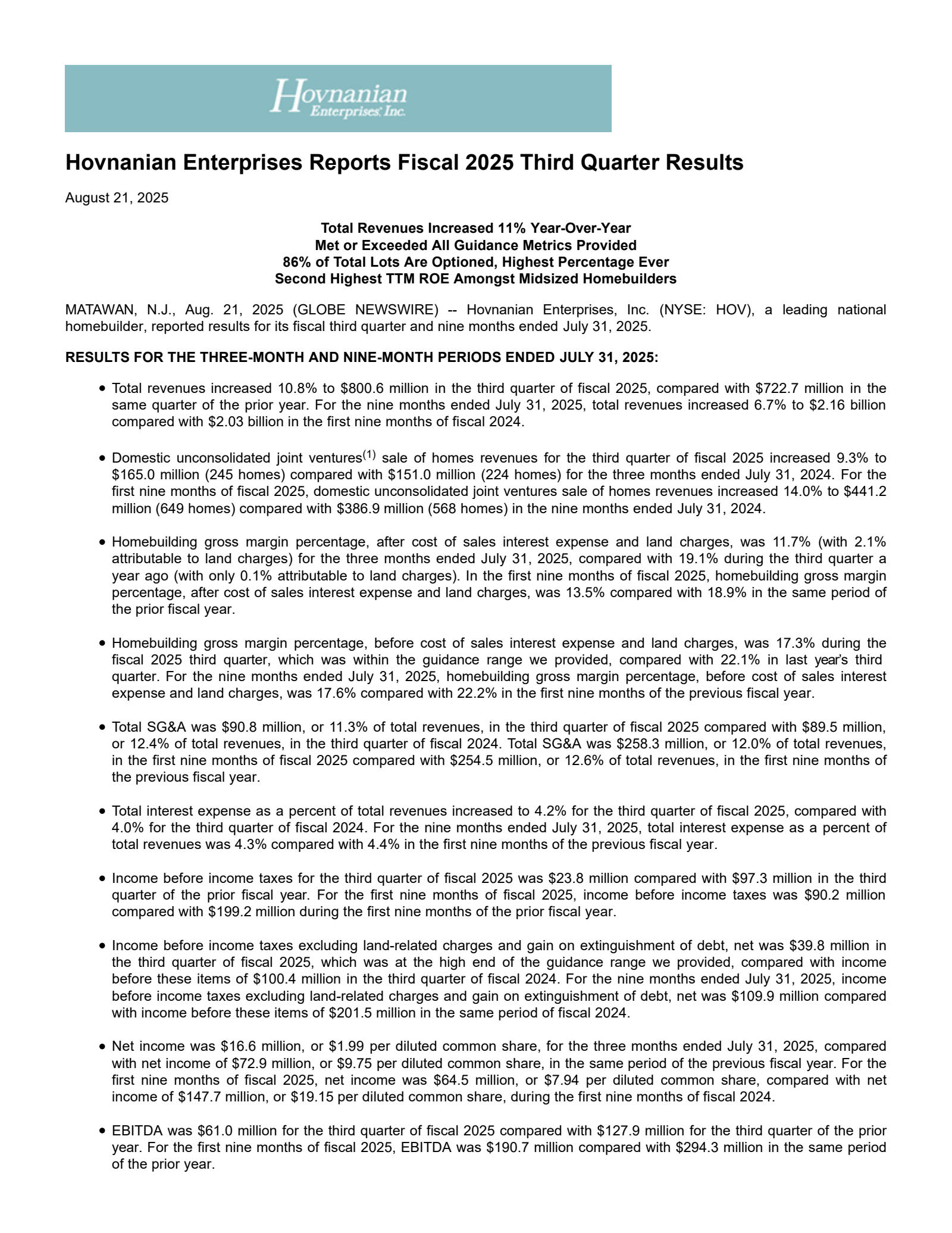 Hovnanian Enterprises' Q3 2025 Press Release