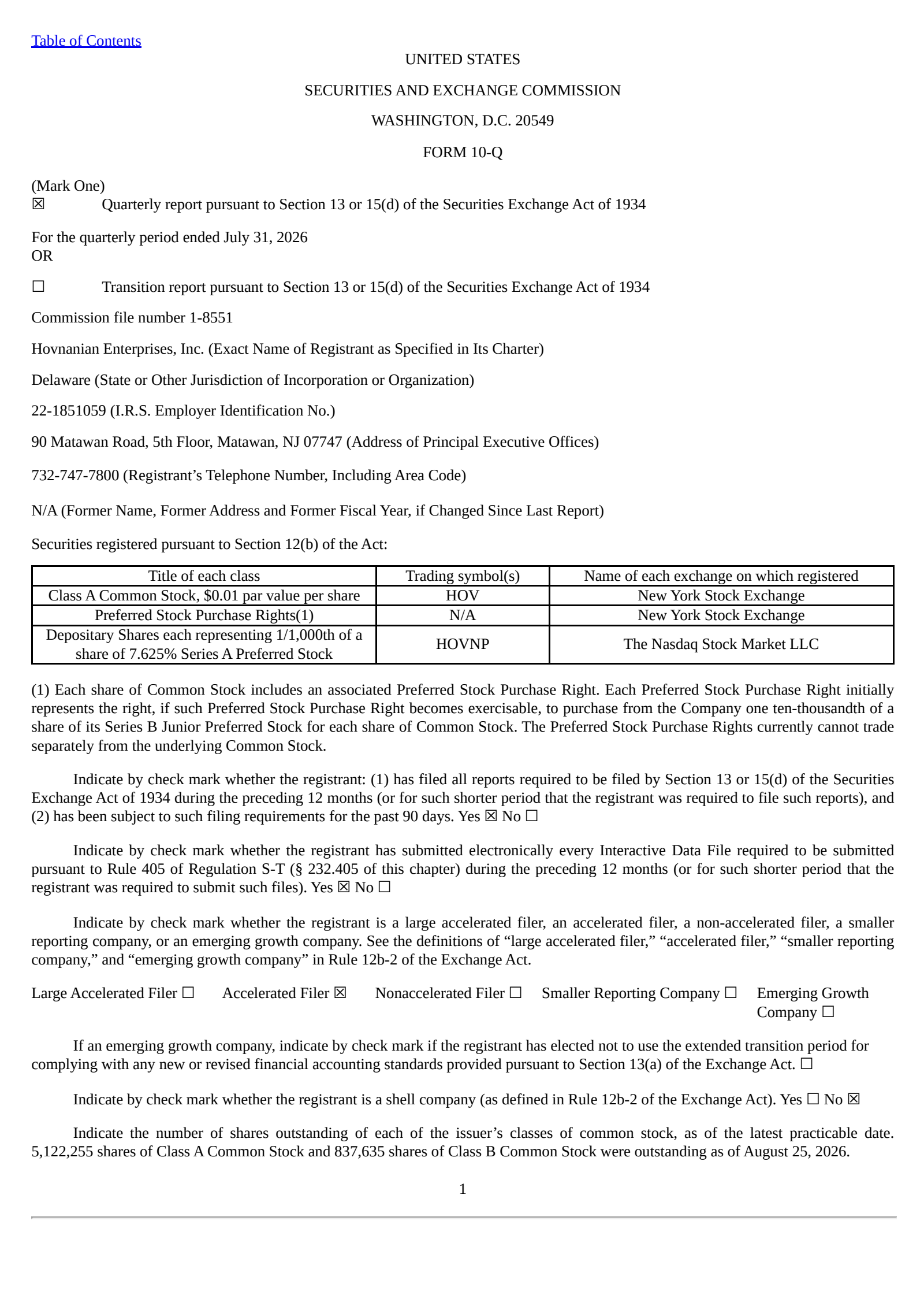 Hovnanian Enterprises' Q3 2026 Quarterly report